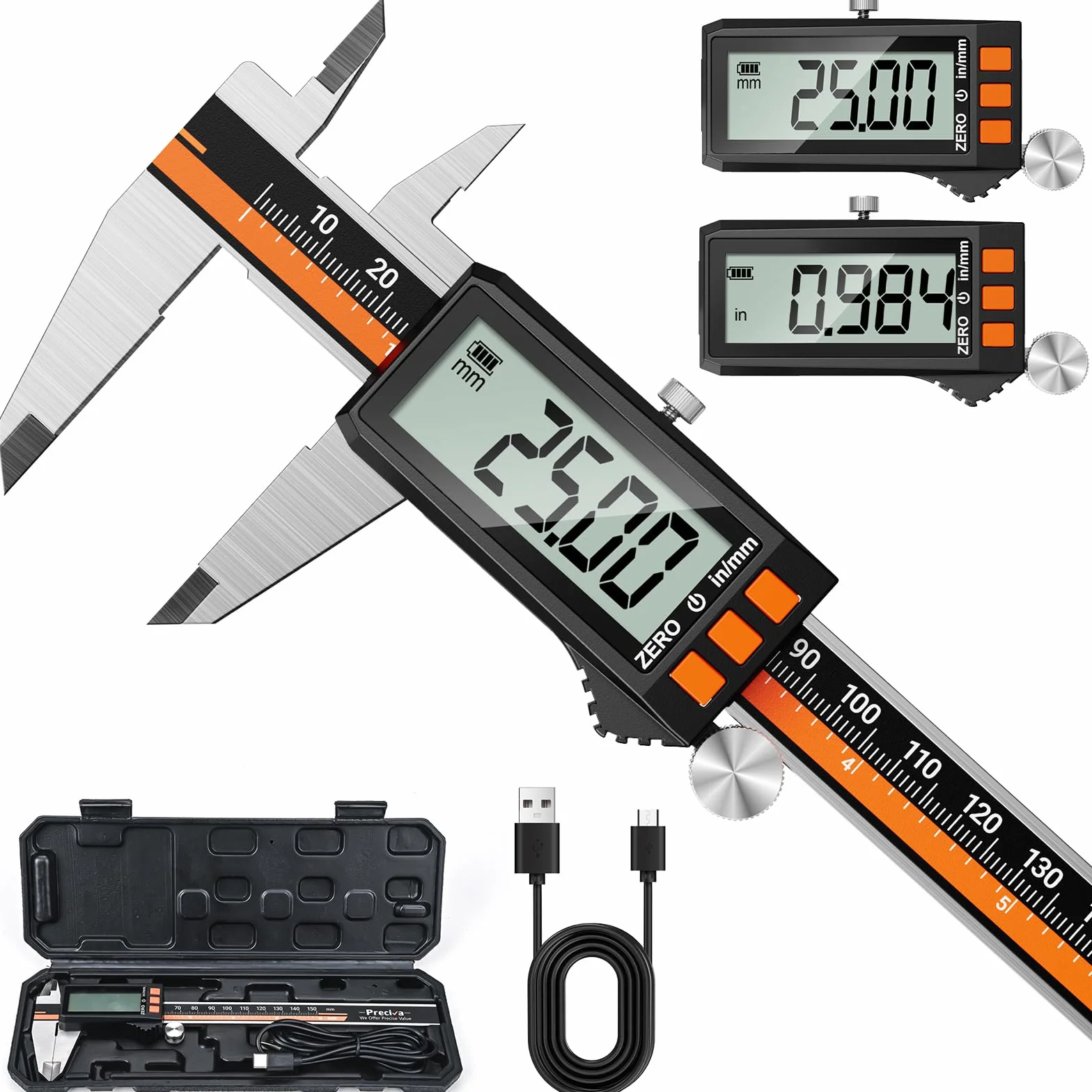 Preciva Digitale Messschieber, Schieblehre 0-150mm/0-6 Zoll Messlehre mit LCD-Anzeige Type-C Aufladbar Messwerkzeuge (Schwarz mit Orange)