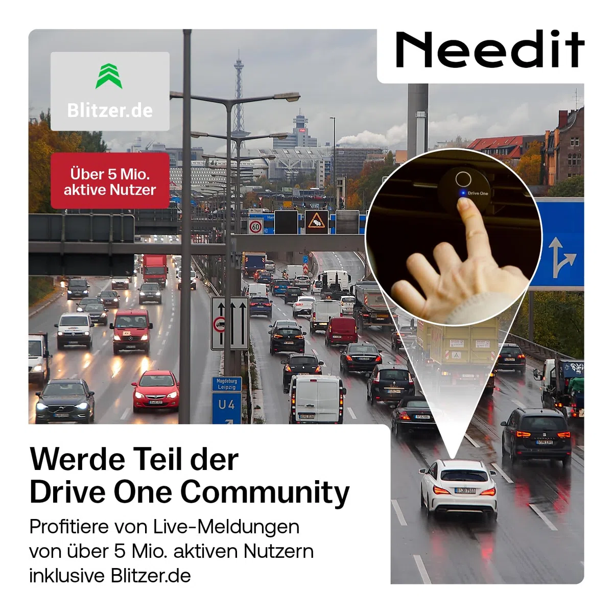 Needit Drive One 2 Verkehrswarner [Neues Modell 2026] - Set inkl. Halterung I Warnt vor Kontrollen und Gefahren im Straßenverkehr I Automatisch aktiv bei Smartphone-Verbindung I Stabil befestigt