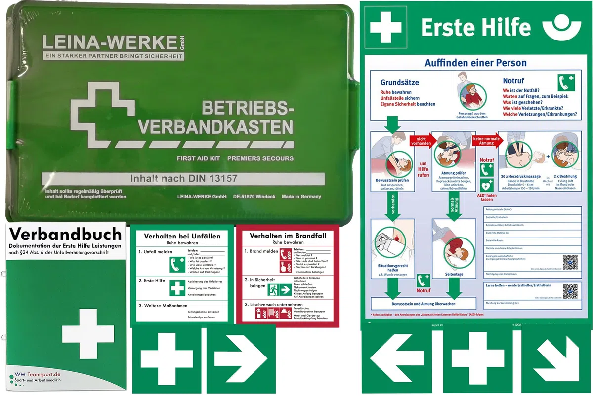 Betriebs-Verbandkasten DIN13157 mit Halterung Made in Germany + BG-Info-Paket mit Aushang Erste-Hilfe + Sicheitszeichen + Verhalten bei Unfällen + Verhalten im Brandfall