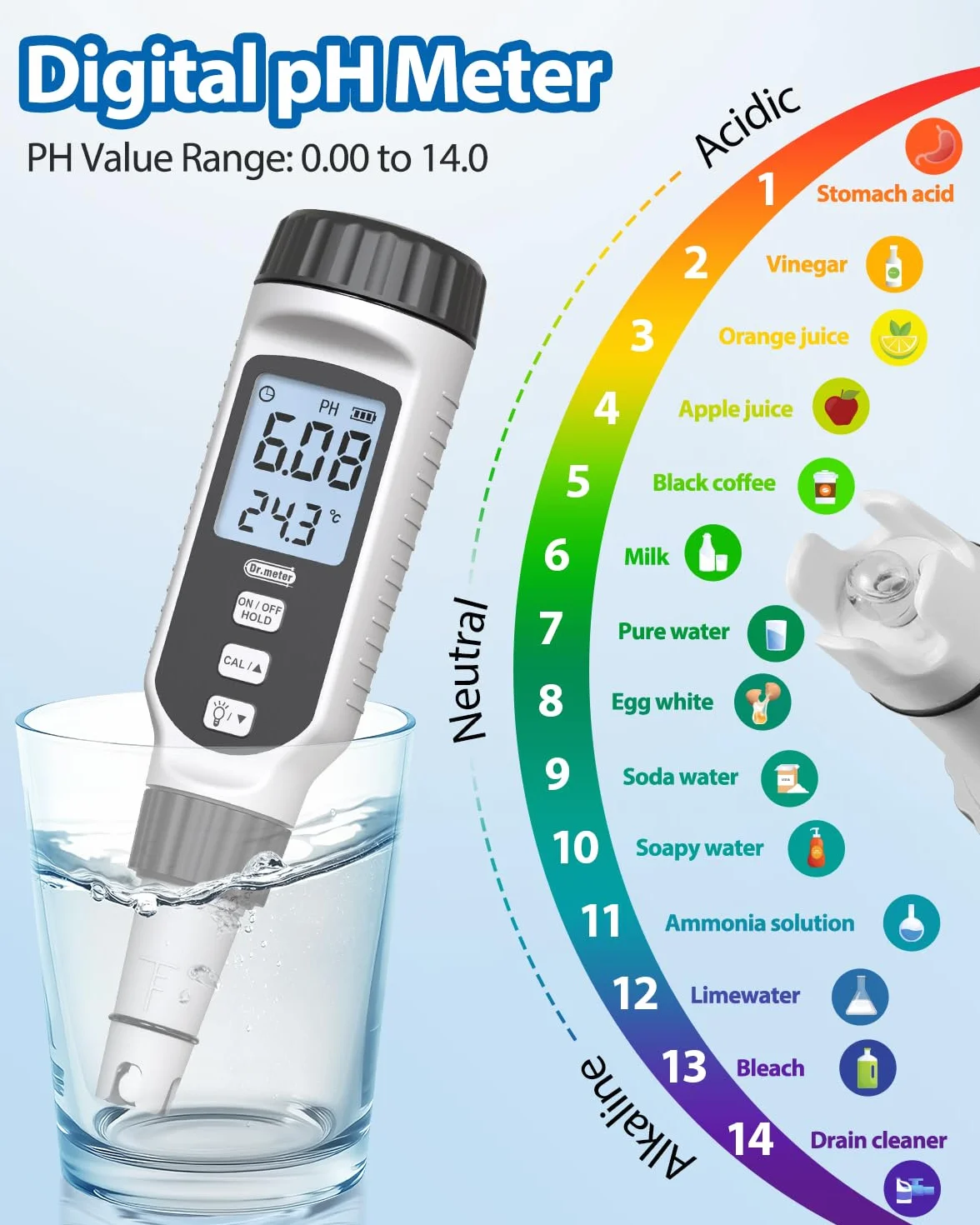 PH Messgerät, Dr.meter PH Messgerät Wasser 0.01Hochpräziser PH Wert Messgerät mit Alarm-LCD-Display und Automatische Temperatur Kompensation für Wasser, Aquarium, Teich, Pool mit Kalibrierpulver