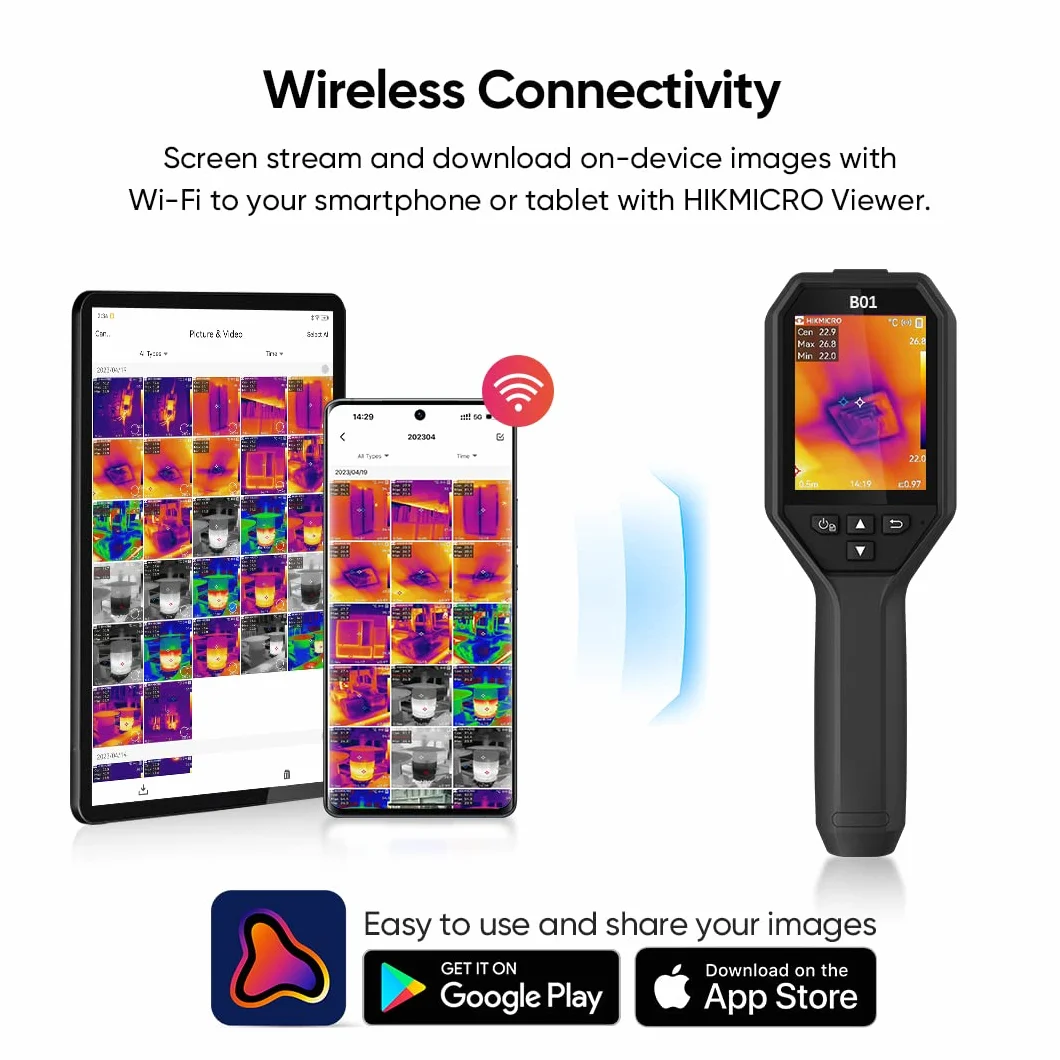 HIKMICRO Wärmebildkamera B01 256 x 192 IR Auflösung, 25 Hz Bildwiederholrate, Wifi Handheld Infrarot-thermokamera 49.152 Pixel 3.2 Zoll LCD Bildschirm wärmebildkameras