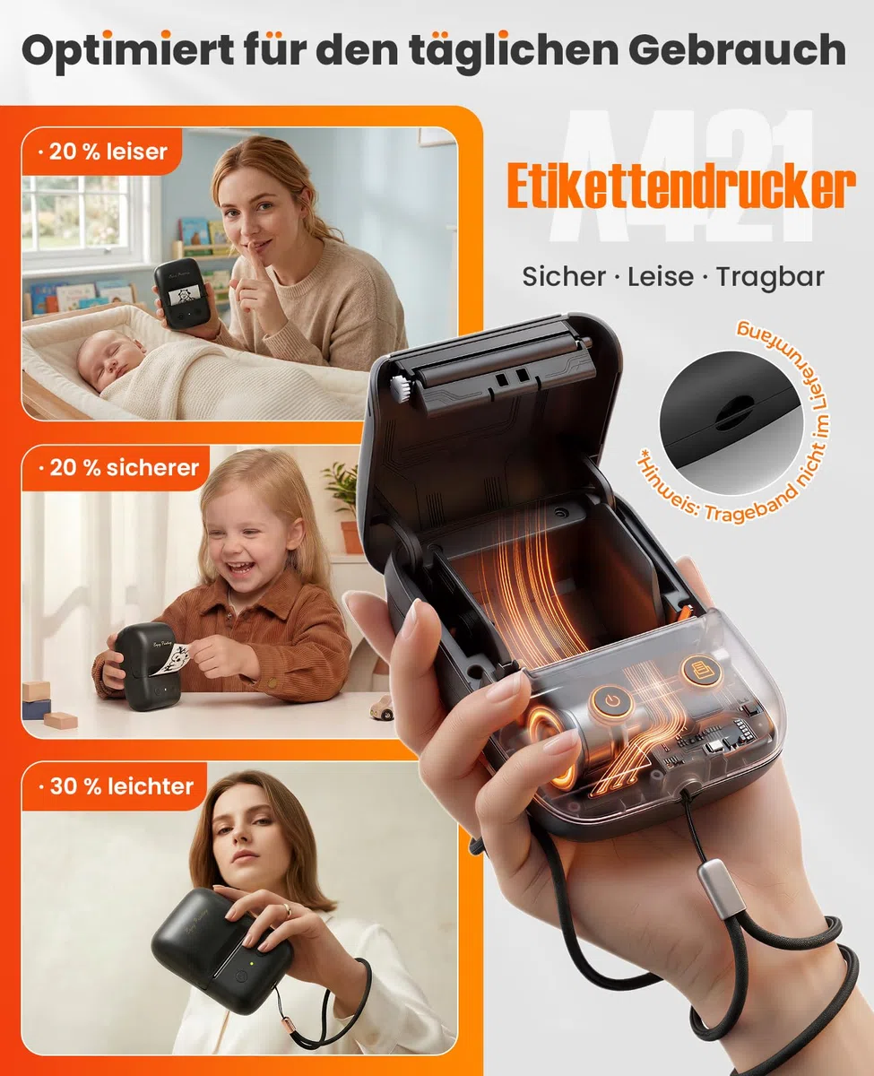 A421 Etikettendrucker für 40x15 bis 50x80 mm Etiketten, Vielseitige App mit 2000+ Symbolen und 300+ Schriftarten, Label Printer für Zuhause & Kleinunternehmen, Bluetooth Kompatibel mit iOS & Android