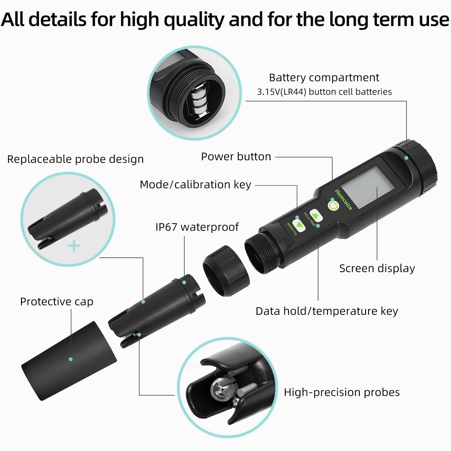 PH Messgerät 5 in 1 TDS EC SALT Temperatur pH Wert Messgerät IP67 wasserdicht, Pool pH Tester 0,01 hochpräziser digitaler Wassertester Trinkwasser mit ATC-Funktion