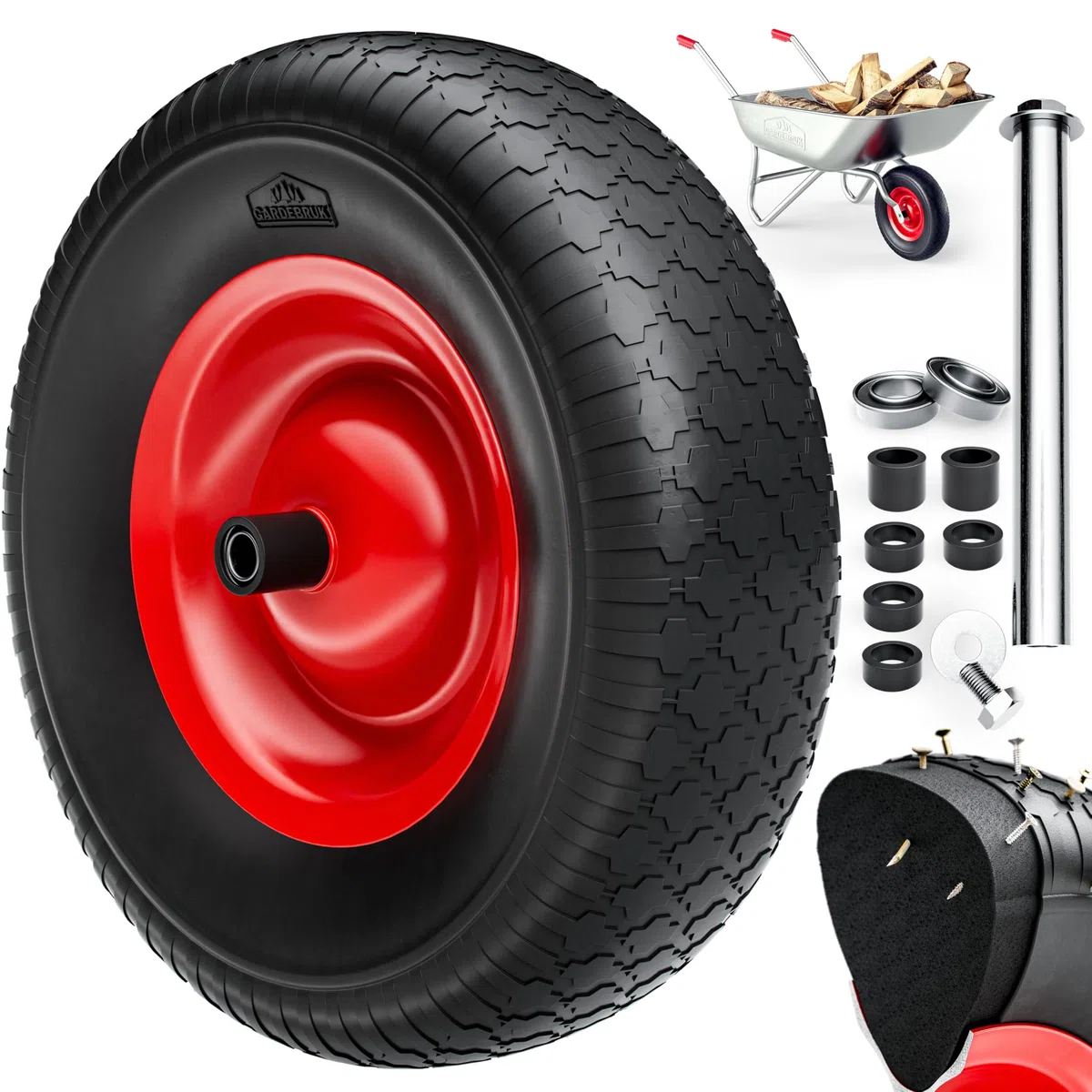 GARDEBRUK Schubkarrenrad PU Vollgummi pannensicher 4.80/4.00-8 ?390mm Stahlfelge 200kg Achse Diamantprofil Reifen Vollgummireifen Ersatzrad Schwarz