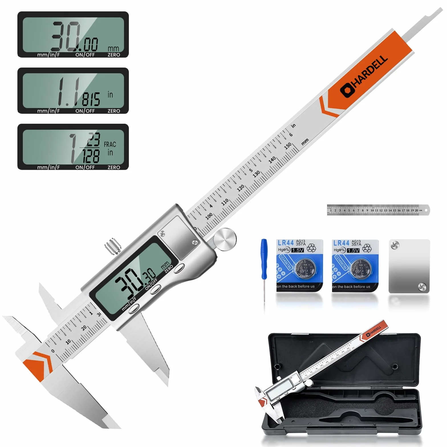 HARDELL Metallmessschieber Digital 150mm, Schieblehre Digital Edelstahl mit LCD Display, Digitaler Messschieber mit Zoll und Millimeter-Umwandlung, Haushalt & Industrie Messwerkzeug