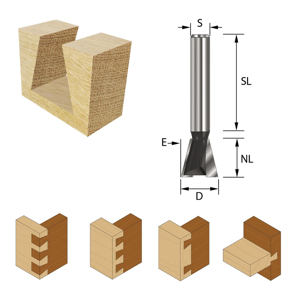 ENT 15988 Gratfräser HW (HM), Schaft (C) 8 mm, Durchmesser (A) 9,5 mm, B 9,5 mm, E 12°, D 32 mm, ohne Vorschneider