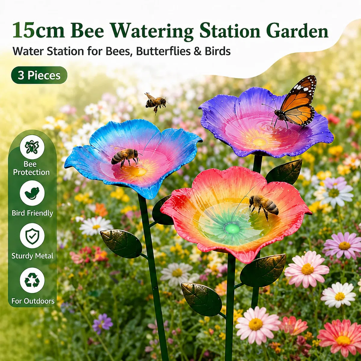 Bienen Tränke Garten, 15cm Große Bienentränke Metall Blume mit Erdspieß, Vogeltränke & Insektentränke, Bienen Wasserstation & Mini Vogelbad für Garten Balkon, Gartendeko & Garden Gift (3 Stück)