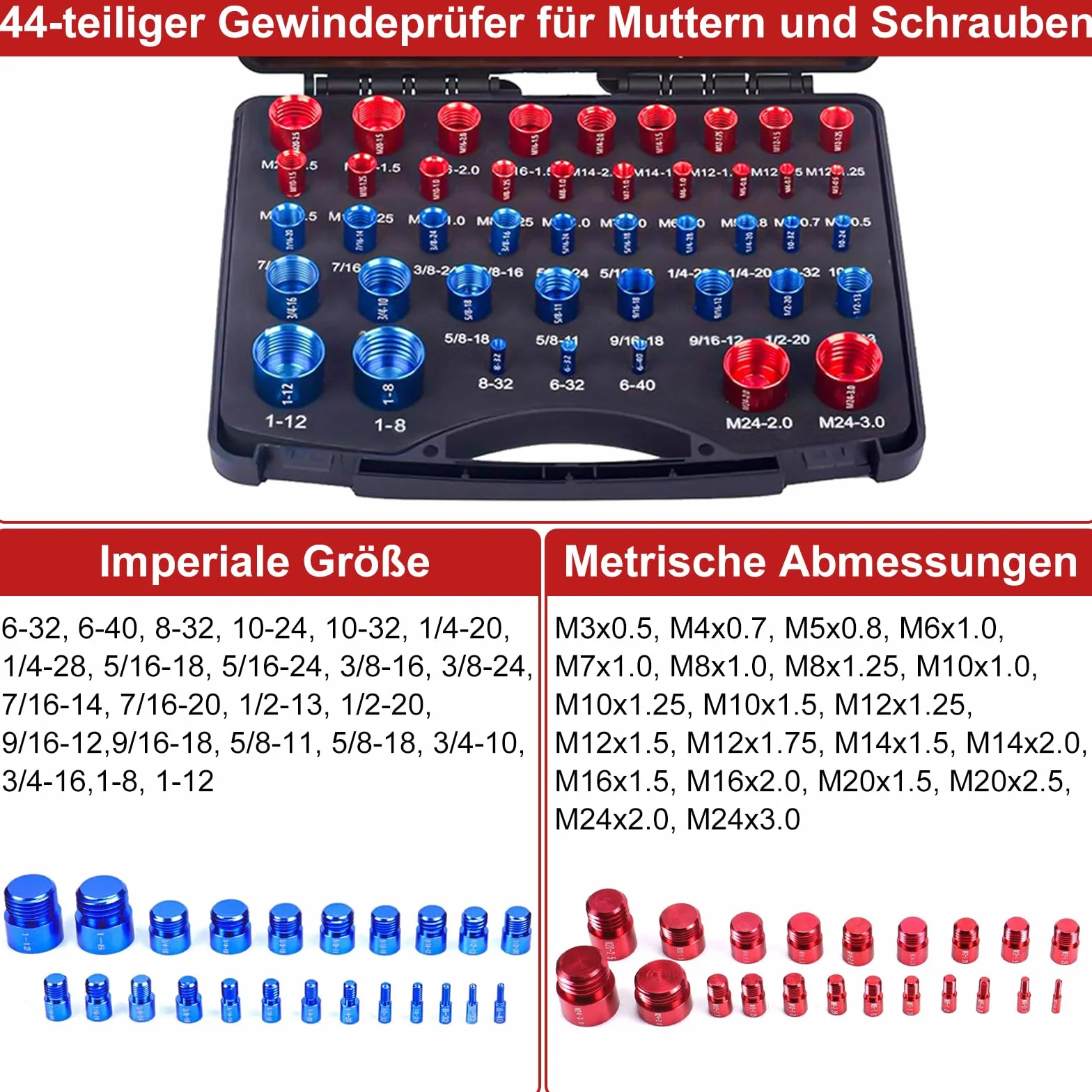Gewindelehre 44-Teiliges Thread Checker Satz - Gewindeprüfer for Schrauben und Muttern Aluminiumlegierung Gewindelehre Mit Metrischen and Imperialen Geeignet Zum Erfassen und Messen Von Gewindemaßen
