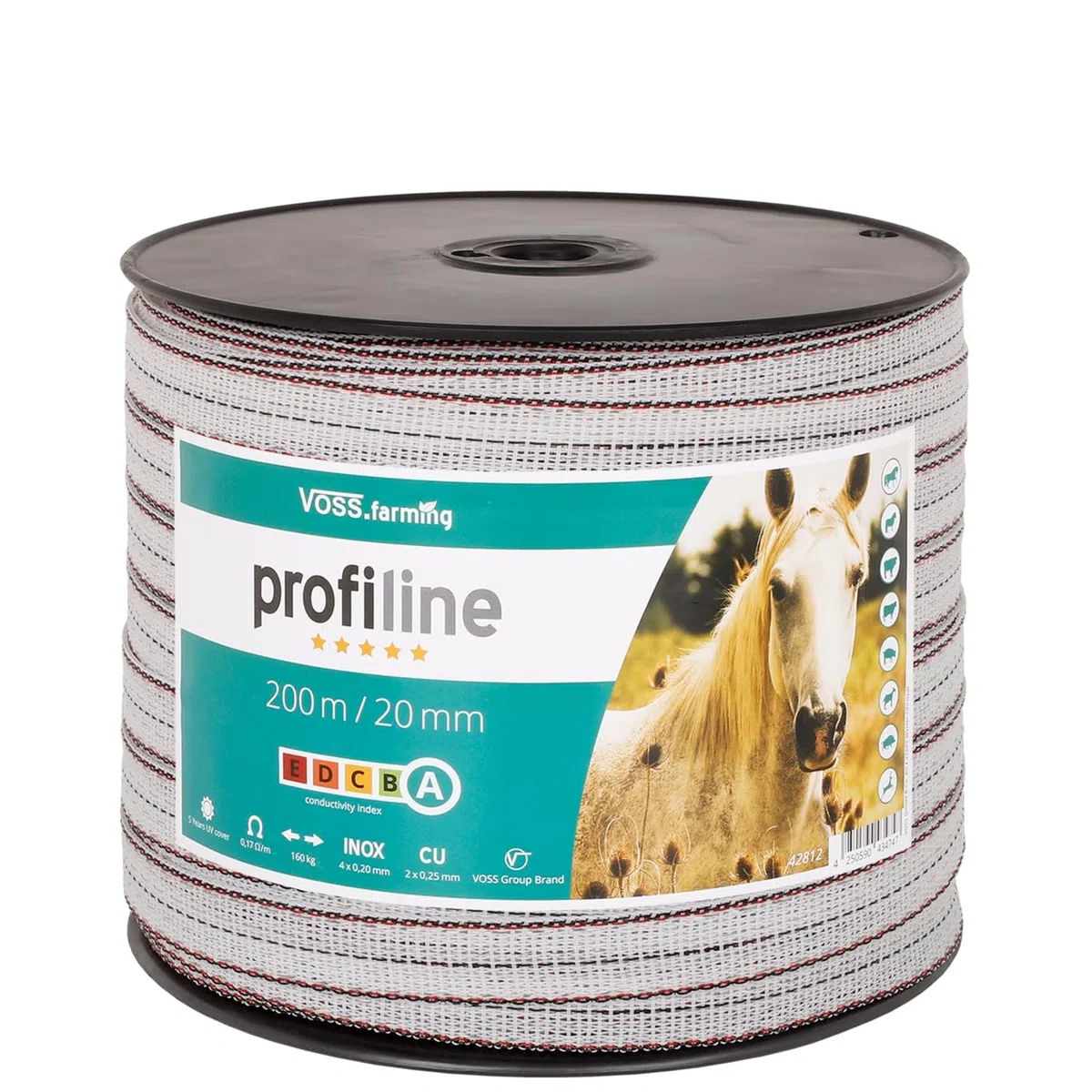 VOSS.farming Weidezaunband, Profiline, 200m 20mm, Kupfer und NIRO Leiter, Weiß Schwarz, Elektrozaun Band, Pferdezaun