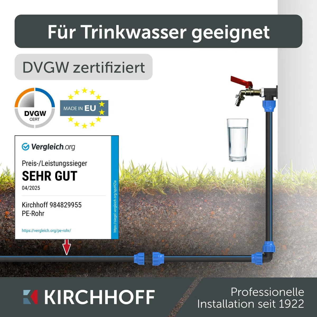Kirchhoff Fitting Verbindungswinkel 90 Degree Kunststoff 32 x 32 mm für HDPE Rohr 5 Stück im Set Verschiedene Größen DVGW geprüft Trinkwasserqualität Made in EU, Schwarz, 32 mm HDPE Fitting
