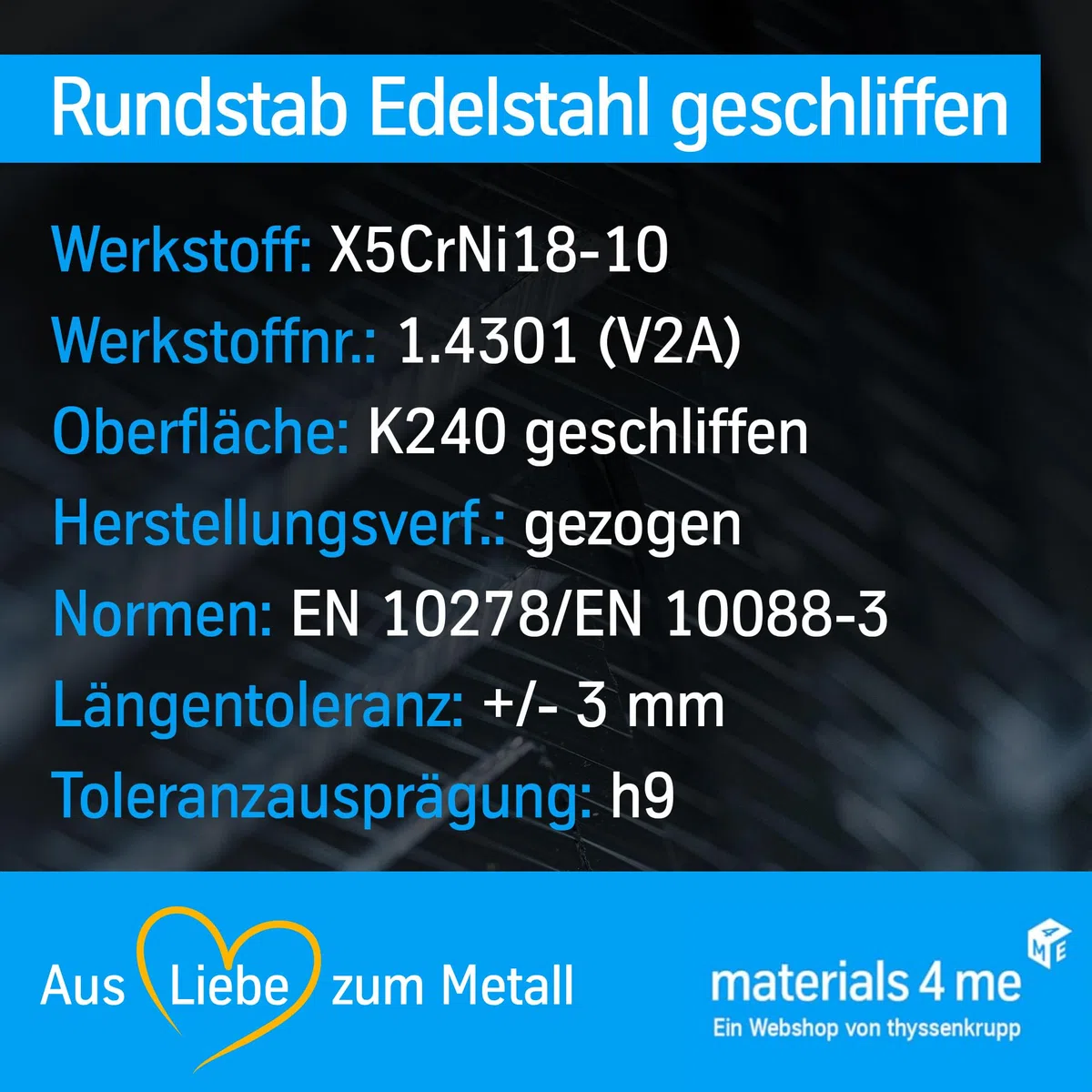 thyssenkrupp Edelstahlprofil – Rundstab V2A 1.4301 K240 geschliffen – Edelstahl Rundmaterial für Konstruktion & Montage – Rundprofil Edelstahl – Ø 16 mm – 2450 mm
