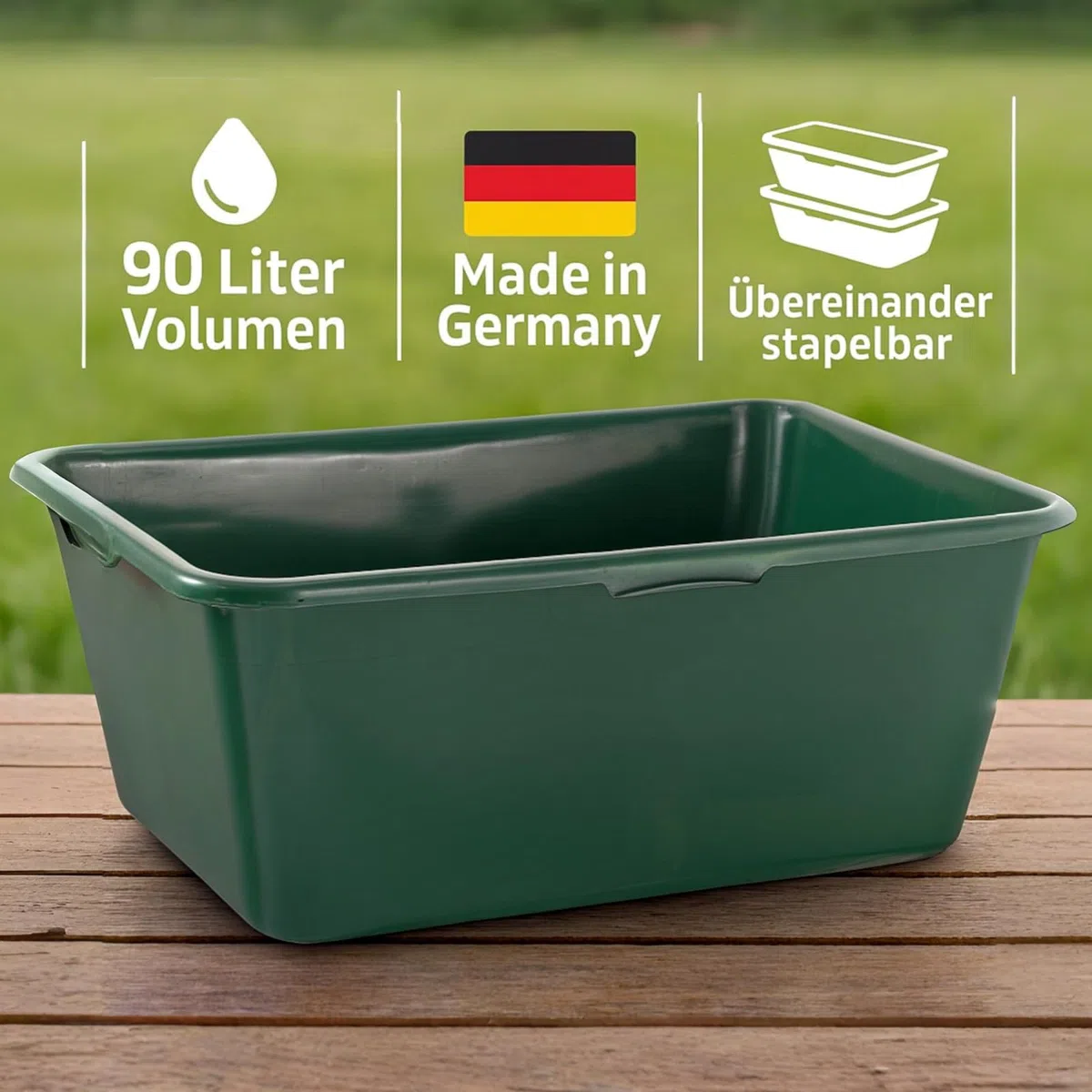 Futterwanne 65 Liter Wassertrog Wasserbottich Pferd Wildwanne Grün Robust | BURI, lebensmittelecht, Kunststoffwanne, Pferdetränke, Jagdwanne, Tierhaltung, Garten, langlebig, vielseitig, groß