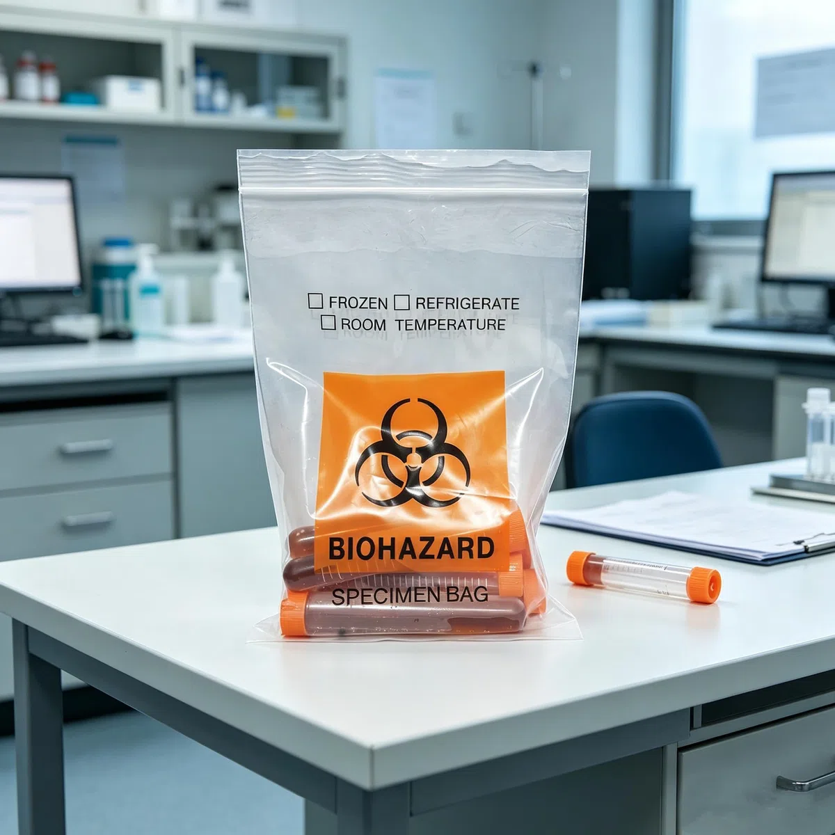 Getue daarcin 50 Stück Biohazard Specimen Bags, 15 x 25 cm, Labortasche mit Biohazard-Logo, Reißverschluss, mit Außenfach