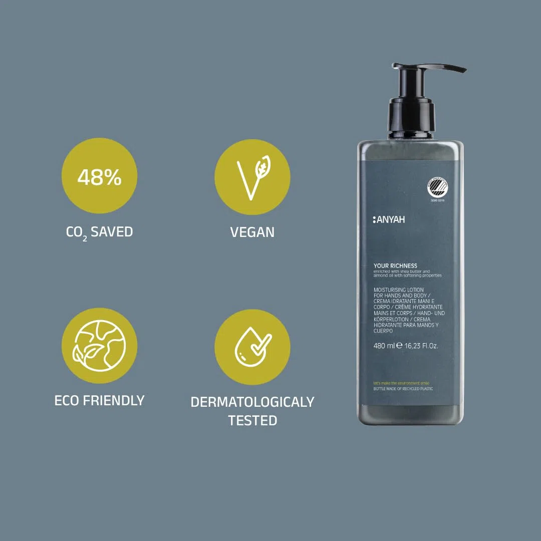 Anyah - Handlotion & Körperlotion – 2x480ml - Nachfüllbare - Feuchtigkeitscreme - Dermatologisch Getestet - Mit Bio-Samenöl & Rosmarin Extrakt - Made in Italy
