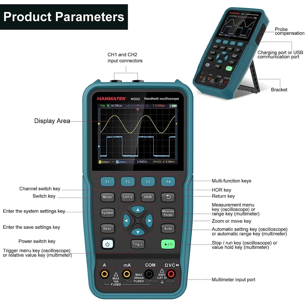 Digitales Oszilloskop,HANMATEK Handheld-Digitaloszilloskop HO52 50Mhz Bandbreite, 2 Kanal 2 in 1 Oszilloskop und Multimeter Mini-Oszilloskop