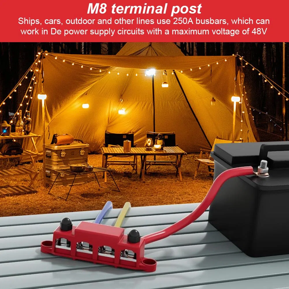 2 Stück 12V-48V DC Sammelschienen Verteilerblock mit 4 x M8 Klemmenbolzen, 250A BusBar Box für Auto Marine Auto Anhänger Wohnmobil Boot (Schwarz Rot)