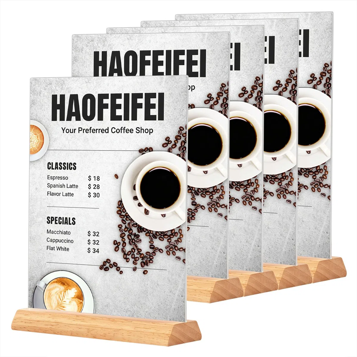 Acryl Tischaufsteller A4 mit Holzsockel 5 Stück, Beidseitiger Menükartenhalter A4 Tischständer, T-Form Tischdisplay Werbeaufsteller für Gaststätte Café Hotel Kneipe Bar