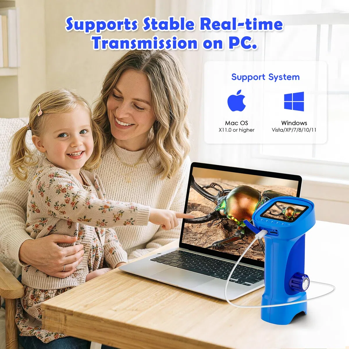 Mikroskop für Kinder, Ahalfcit Digital Mikroskop mit 2,4" HD IPS, 1000X Taschenmikroskop als Handkamera, Tragbares Natur-Spielzeug, STEM-Geschenk für Jungen & Mädchen 3-12 Jahre – Blau
