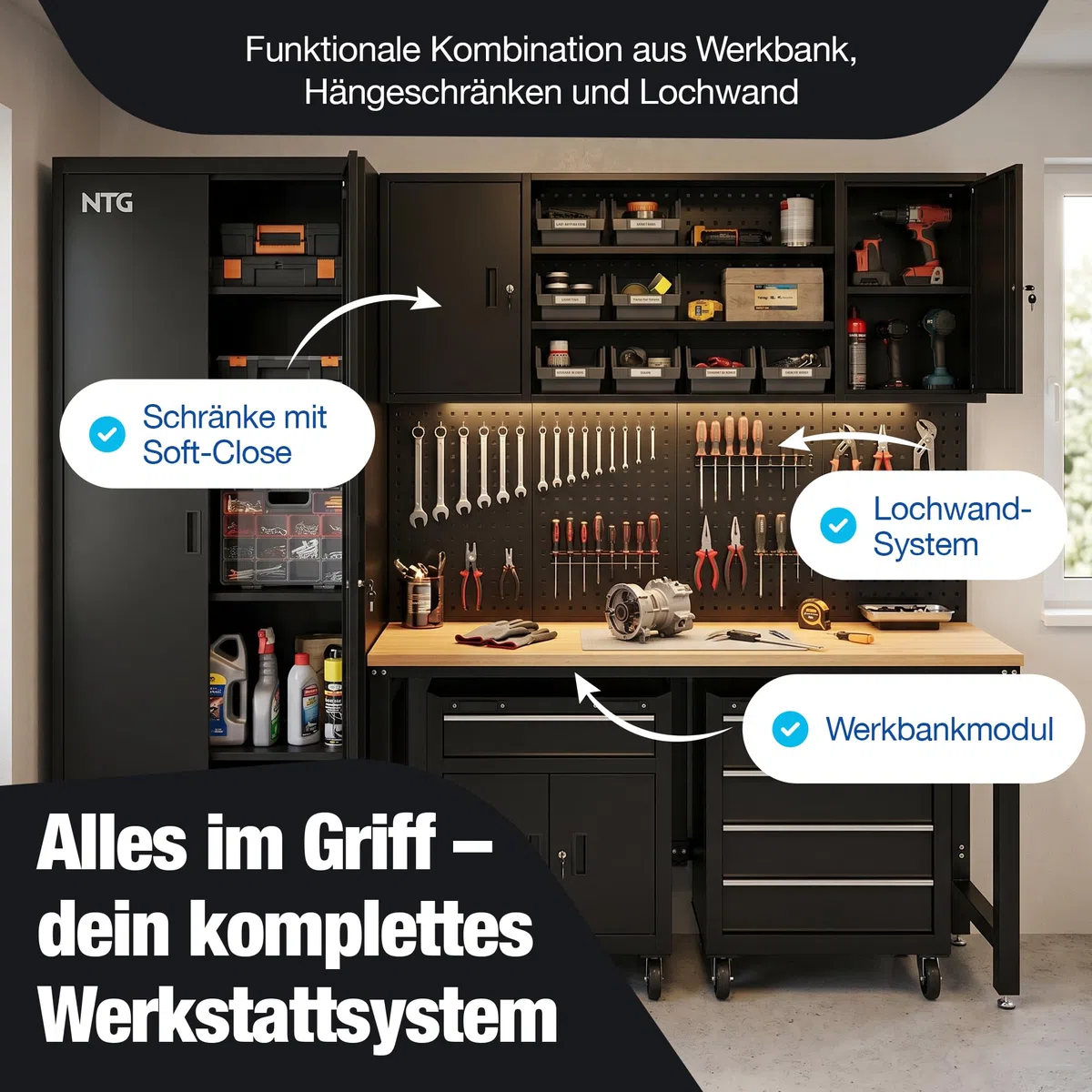NTG XL Werkstattwand Komplett-Set 210 cm – Werkbank mit Werkstattwagen-Elementen & Lochwand – Modulare Werkstatteinrichtung mit Werkzeugschränken, 25 mm Holzarbeitsplatte, 200 kg Traglast