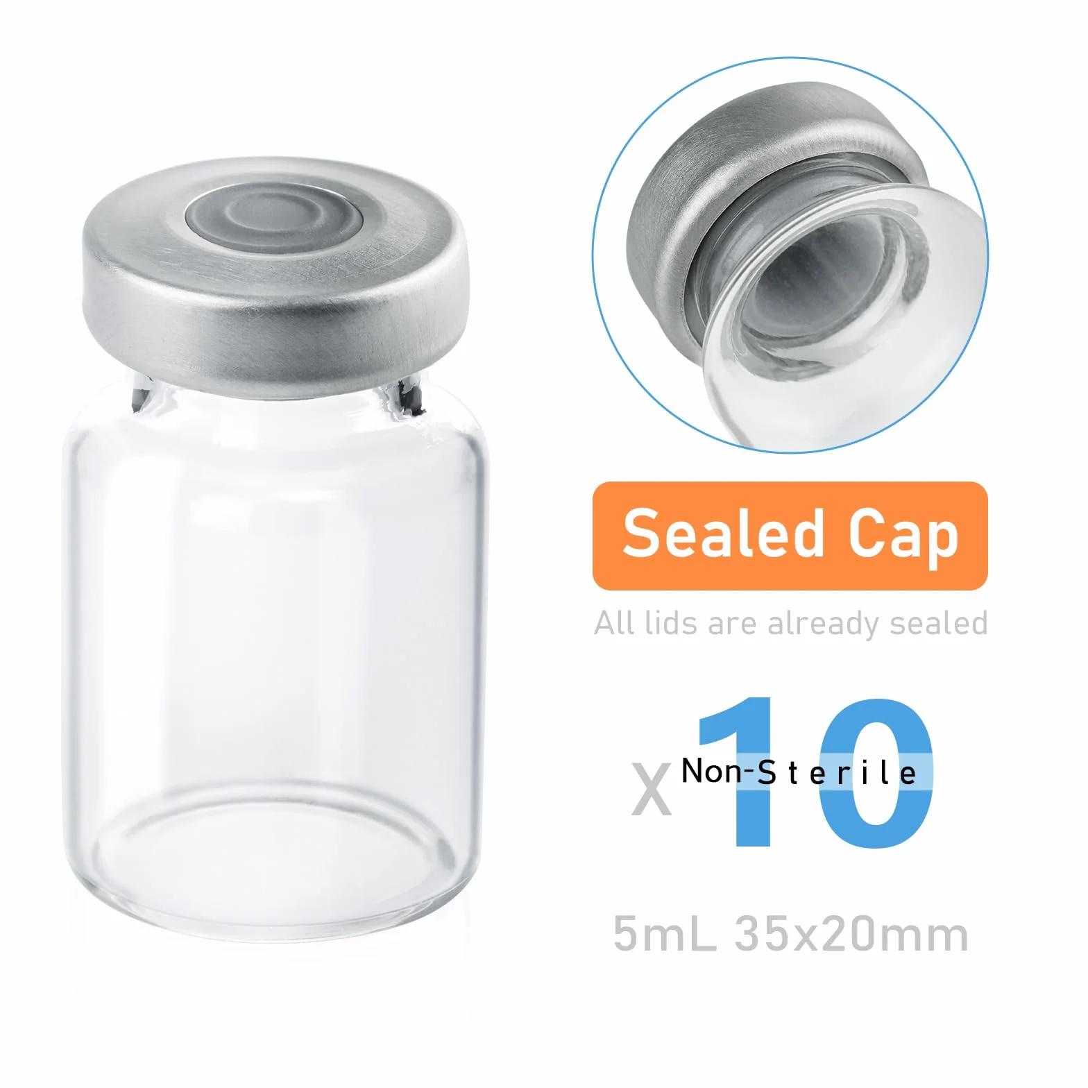 Versiegelte Probenfläschchen, 5 ml, transparente Glasfläschchen mit selbstheilendem Injektionsanschluss, 10 Stück