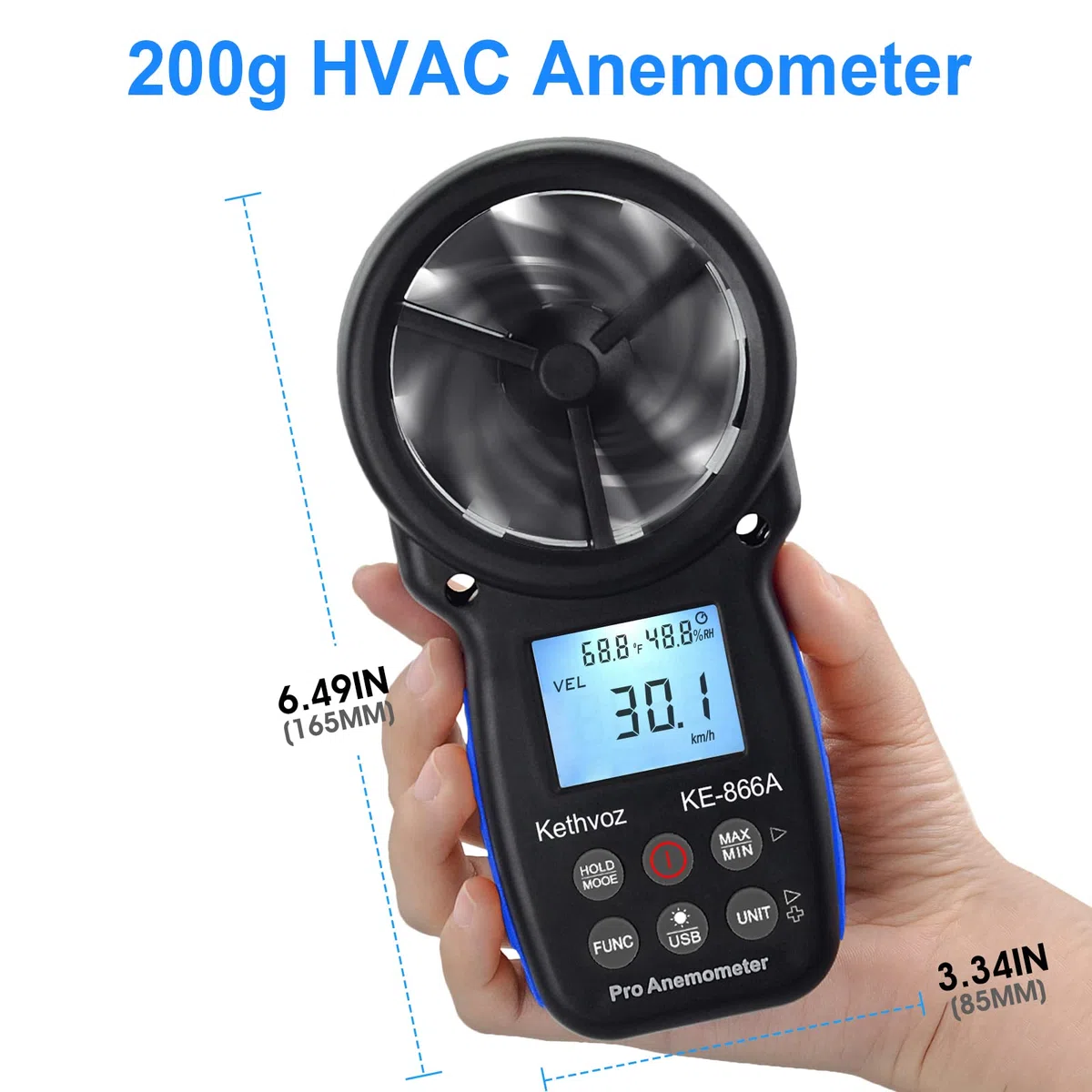Windmesser HVAC Anemometer, Kethvoz Windmessgerät CFM Air Flow Tester Windgeschwindigkeitsmesser Messen Luftströmung Speed Wind Temperatur für Air Vent Dust Collection Drone Shooting KE-866A