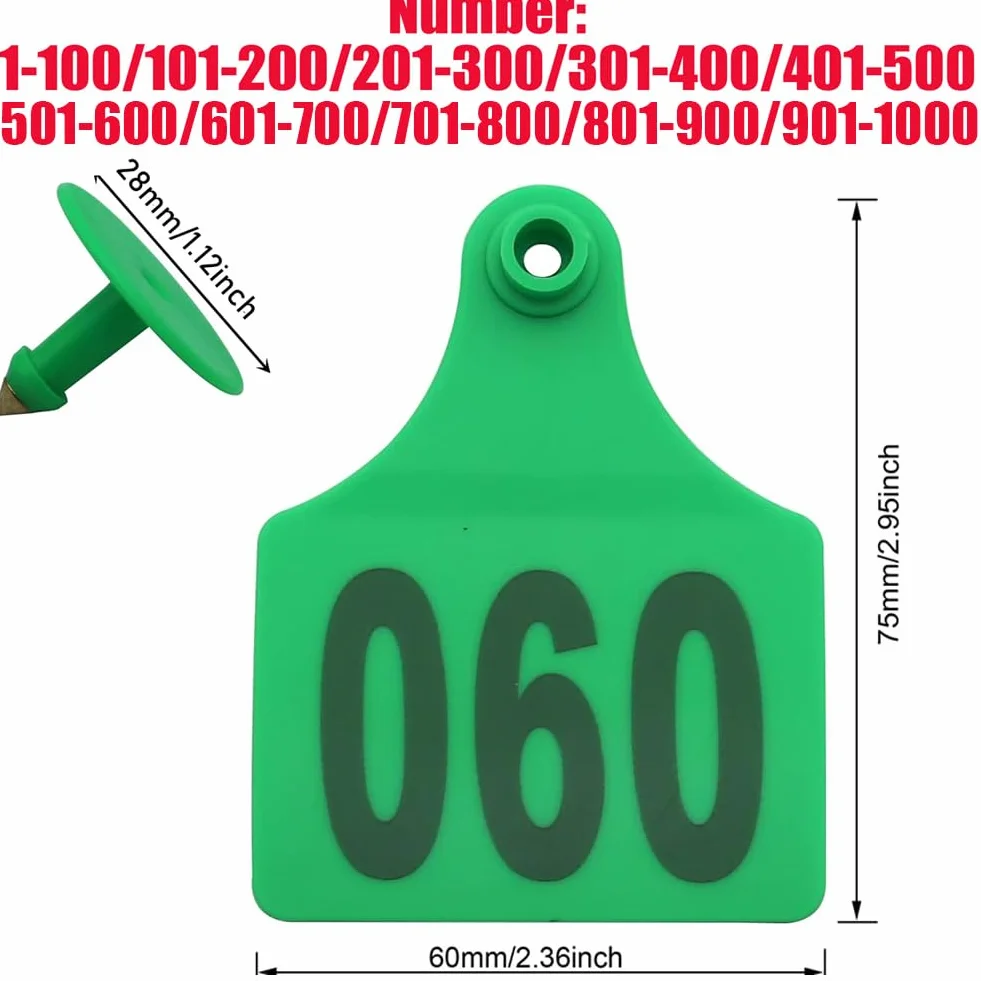 100 Stück Rinder-Ohrmarken Nr. 001-1000, Kunststoff-Ohrmarken für Nutztiere für Kühe, Ziegen, Schafe, Schweine, Tieridentifikations-Ohrringe 401-500 Grün