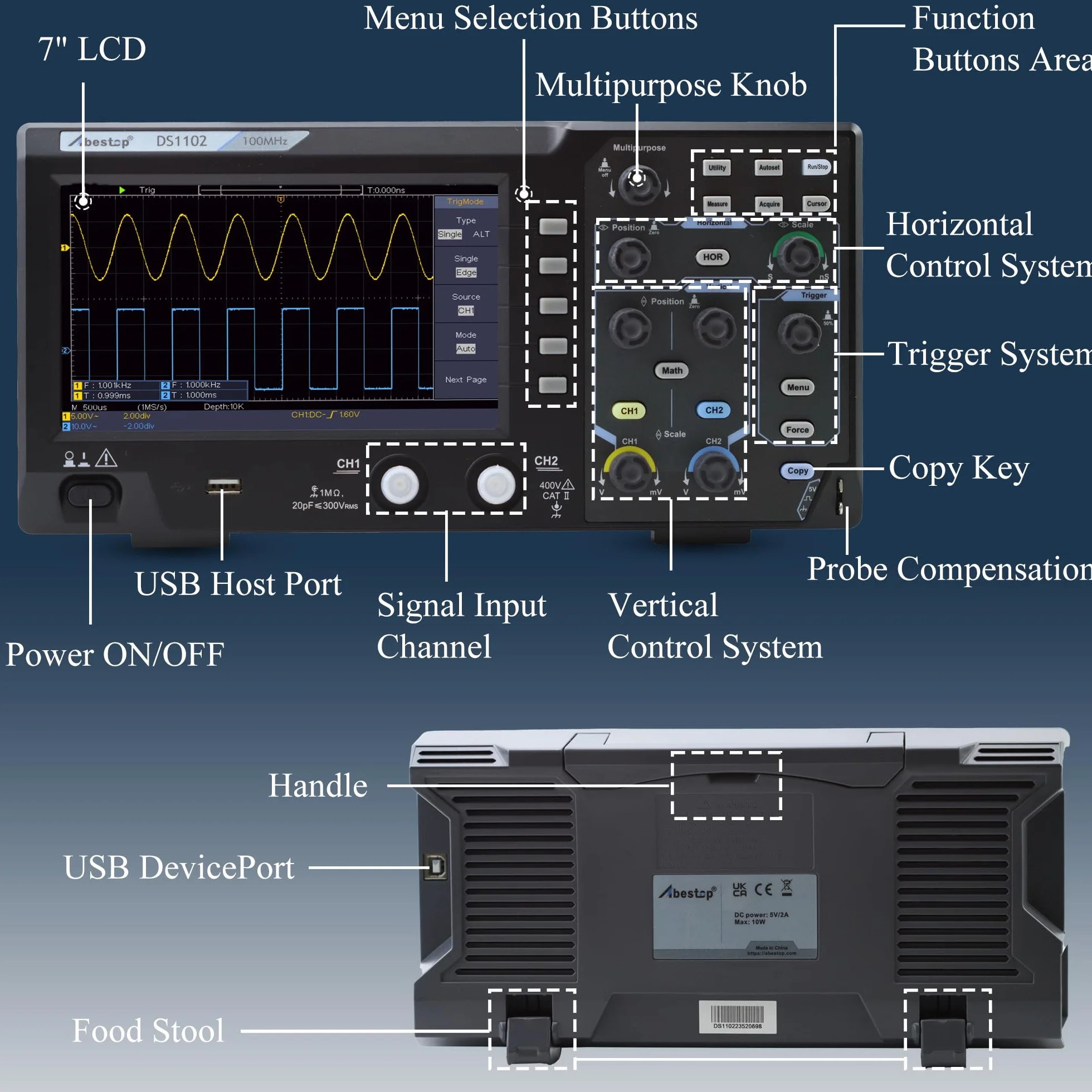 100MHz Oszilloskop Desktop SpeicherOszillograph Zweikanalig mit 7" TFT-LCD-Anzeige Tragbares Leichtes Digitales Oszilloskop (DS1102)
