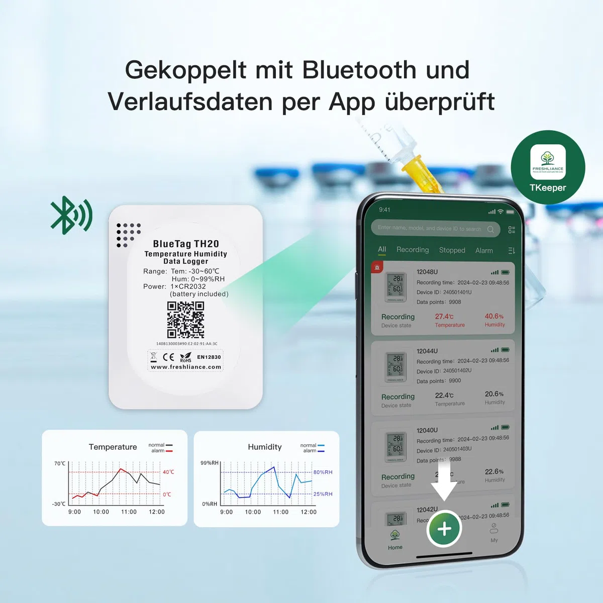 Freshliance Bluetooth Temperatur- und Luftfeuchtigkeits-Datenlogger, Kühlschrank Gefrierschrank Thermometer Hygrometer, Digitaler Fern-Temperatur- und Feuchtigkeitsmonitor mit Smart-App-Datenanalyse