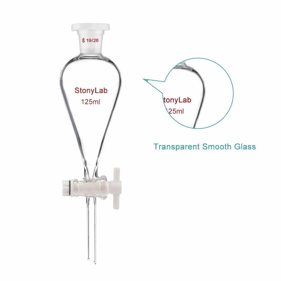 stonylab Scheidetrichter Glas, Borosilikatglas 125 ml Scheidetrichter Heavy Wall Conical Separatory Funnel Trichter mit Glas Absperrhahn 19/26 Gelenk und PTFE-Absperrhahn, 125 ml