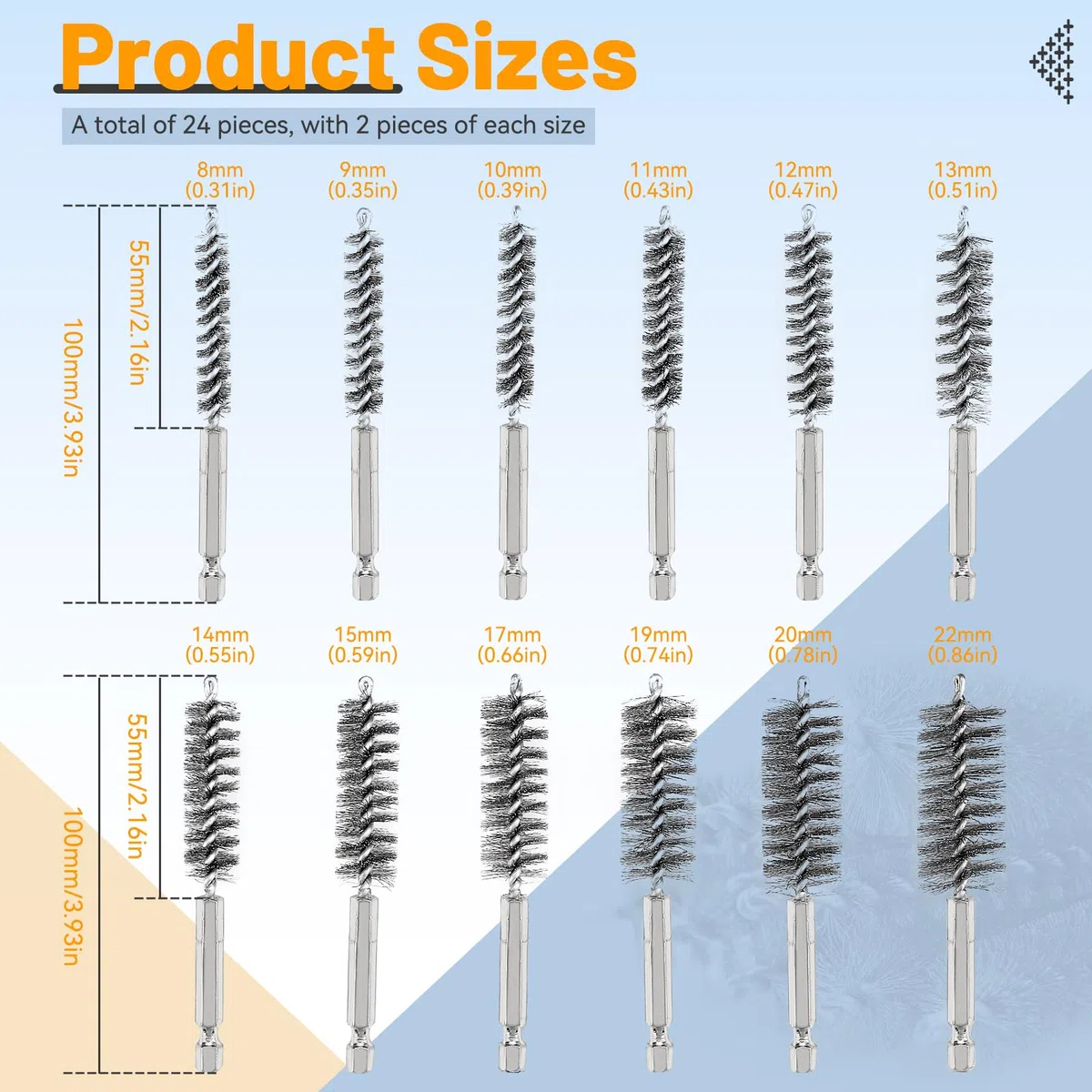 24 Stück 12-Größe Edelstahl Bohrbürste Set, 4 Zoll Länge mit 1/4 Zoll Hex Shank - Mehrzweckbohrer Reinigungsbürste Passt Bohrer, Schlagtrieber & Schleifmaschinen (8/9/10/11/12/13/14/15/17/19/20/22mm)