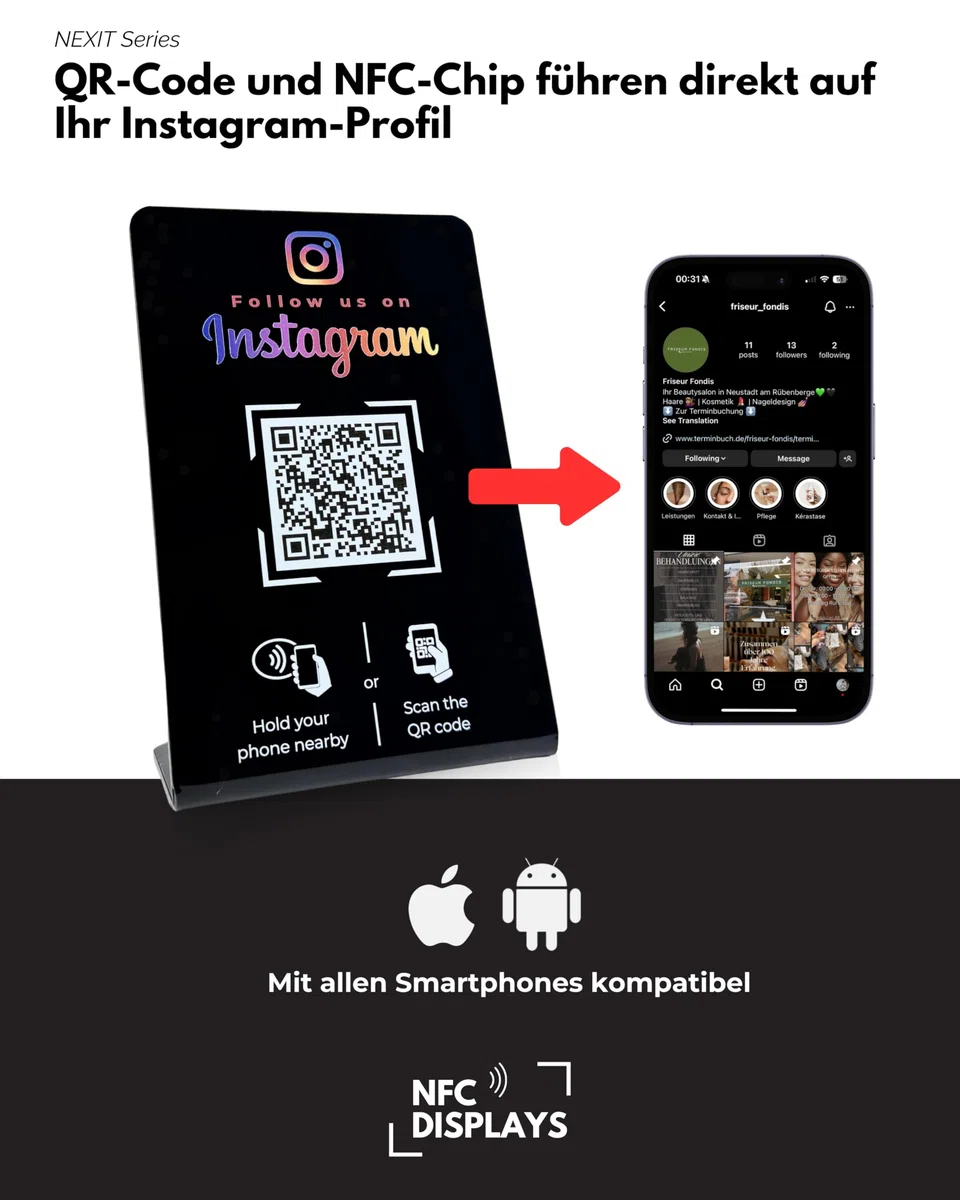 Aufsteller für Instagram mit QR-Code und NFC-Chip (Englisch) 16,5 x 10,5cm - schwarz