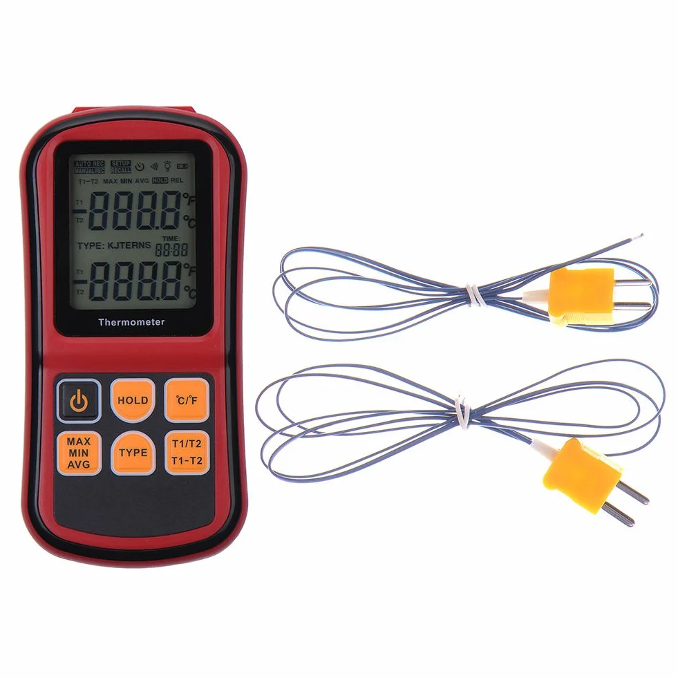 RGBS Dual Channel Digitales Thermometer mit zwei K-Typ Thermoelemente Temperatur Messgerät mit LCD Hintergrundbeleuchtung für K/J/T/E/R/S/N Thermoelement, für Industrie, Landwirtschaft, Meteorologie