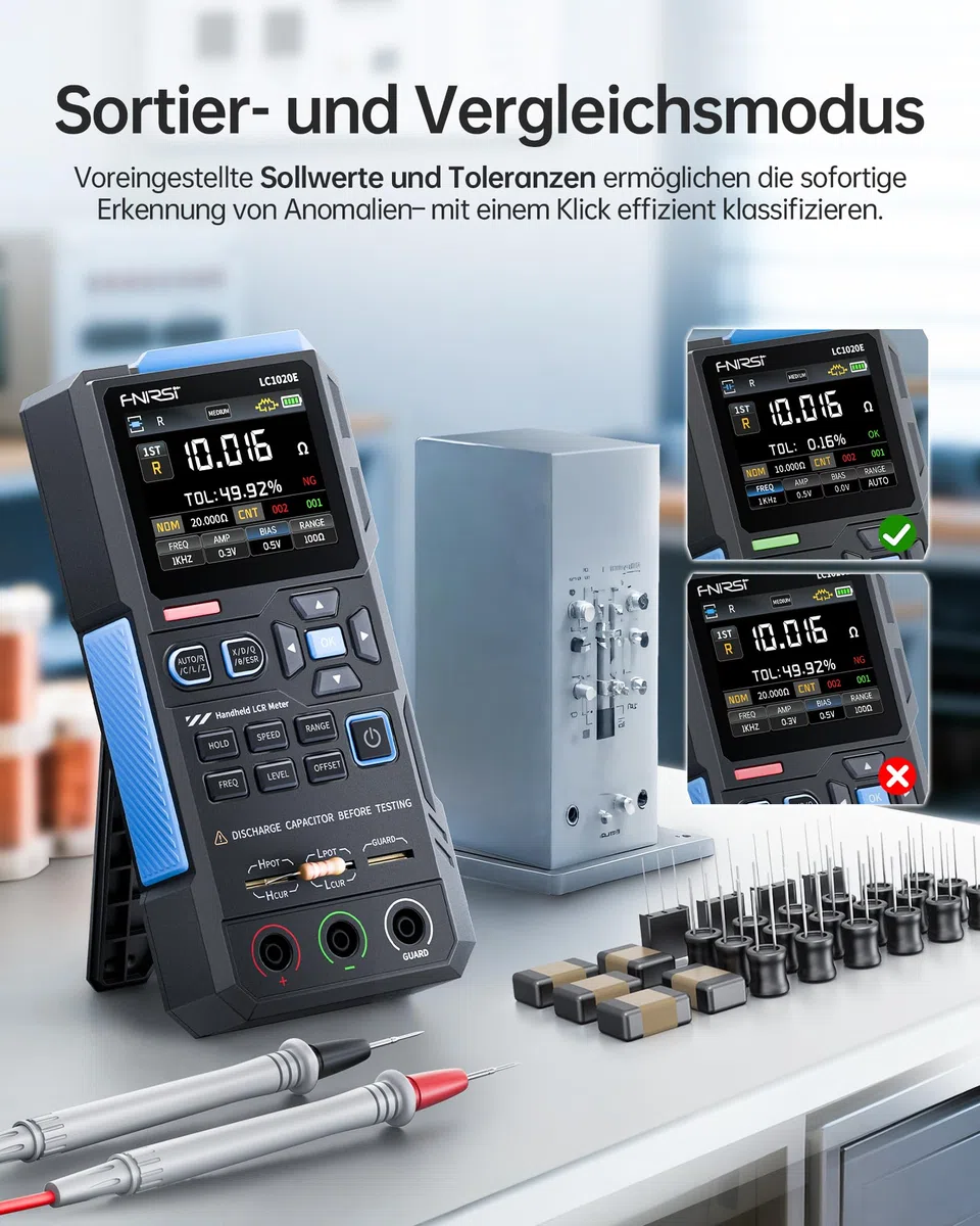 FNIRSI LC1020E 100kHz LCR-Meter, 19999 Counts Widerstands-Induktivitäts-Kondensatortester, Auto Bauteilerkennung, Misst ESR/Q/D/θ/X, Doppelparameteranzeige, Sortierung & offen/Kurzschlusskalibrierung
