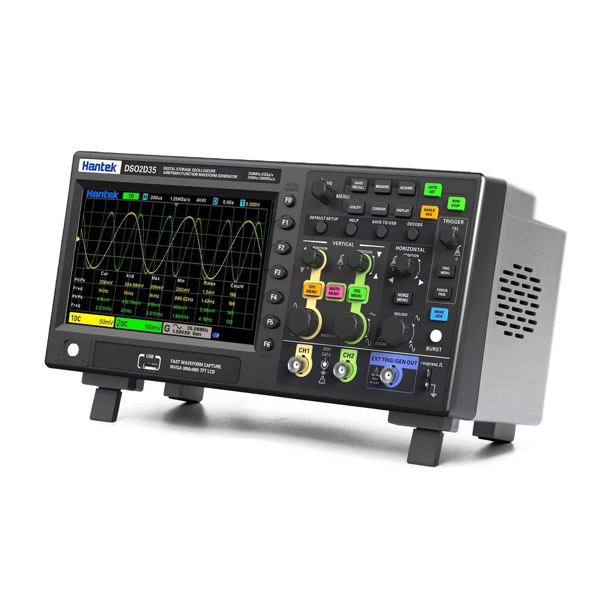 Hantek Oszilloskop, 2 Kanal 350 MHz Oszilloskop mit 2 GS/s Abtastrate, 1 CH Waveformgenerator, Ideal für Ingenieure, Hobbyanwender, Diagnose, Tests und Reparaturen (Hantek DSO2D35/350MHz)