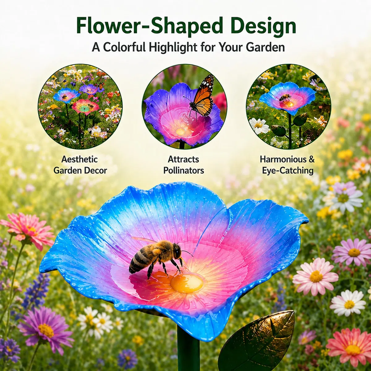 Bienen Tränke Garten, 15cm Große Bienentränke Metall Blume mit Erdspieß, Vogeltränke & Insektentränke, Bienen Wasserstation & Mini Vogelbad für Garten Balkon, Gartendeko & Garden Gift (3 Stück)