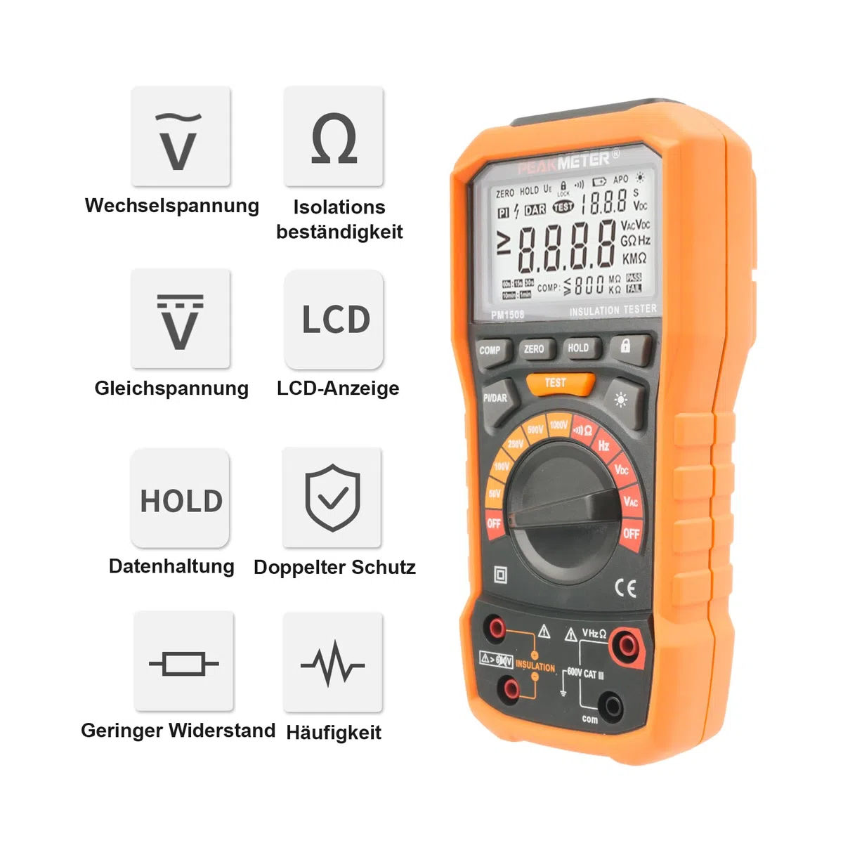 Digital Megohmmeter Isolierungs-Widerstand-Prüfvorrichtung 1000V AC/DC für elektrische Ausrüstung und isolierenden Widerstand bis zu 100GΩ mit PI/DAR, Frequenz und Niederspannungsprüfung