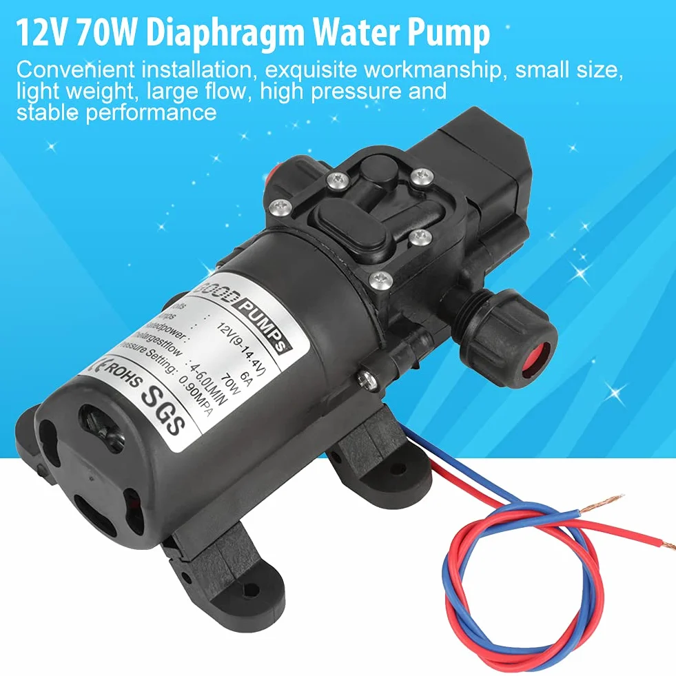 Selbstansaugende Pumpe 12 V, Wasserpumpen DC 12 V, 0,9 MPa, 6 l/min, 70 W, Hochdruckmembran, Garten, Landwirtschaft, Bewässerung, Schlauch für Wohnwagen Camping Boot