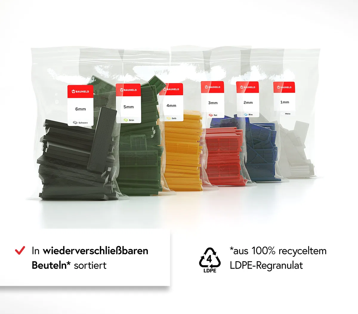 BAUHELD Verglasungsklötze 24x100mm - Set 300 Stück - Fenster-Abstandshalter aus stabilem Kunststoff - Unterleg-Keile mit Feinriffelungen - Als Fensterkeile, Unterlegplatten, Ausgleichsplättchen