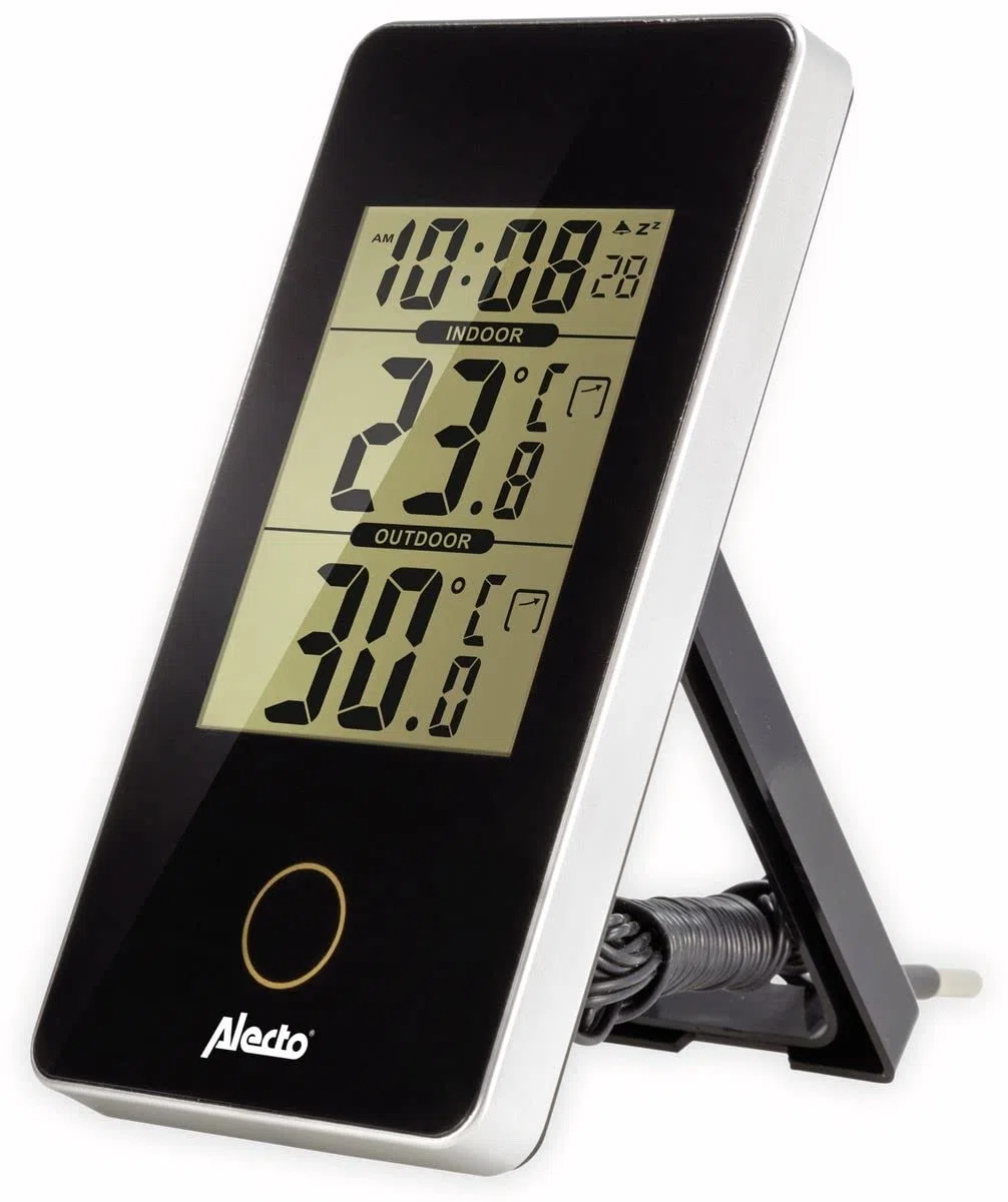 Alecto WS-150 Digitales Innen-Außen-Thermometer - Speichert Höchst- und Tiefstwerte - Datum und Uhrzeit - Wecker mit Schlummerfunktion - schwarz