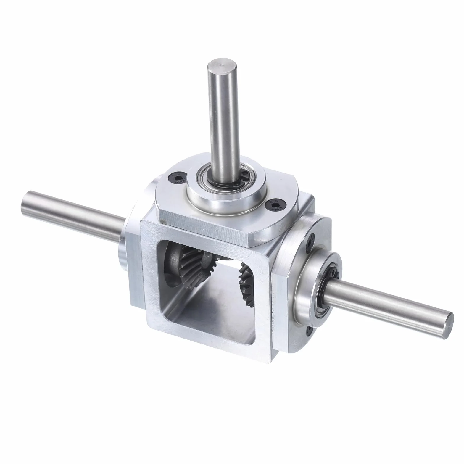 sourcing map Getriebe, 90 Grad rechtwinkliges Kegelgetriebe, 1:1 Rückwärtsgang, Doppelausgangswelle, 1 Modul, 20 Zähne, Kegelradgetriebe, Aluminiumrahmen, einfaches mechanisches DIY-Modul mit 8 mm