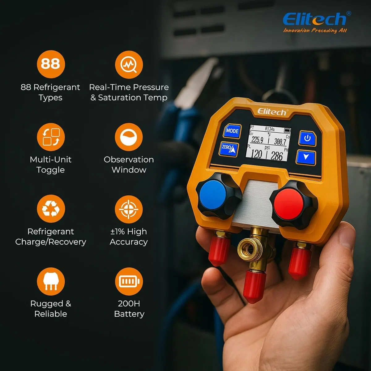 Elitech DMG-2SE Digitales Klimaanlagen-Manifold, Vakuum-Druck-Messgerät für Kfz-Klimareparatur mit 2-Wege-Ventil, unterstützt R134a R1234yf R410A und 88 Kältemittel, stoßfestes Profi-Set