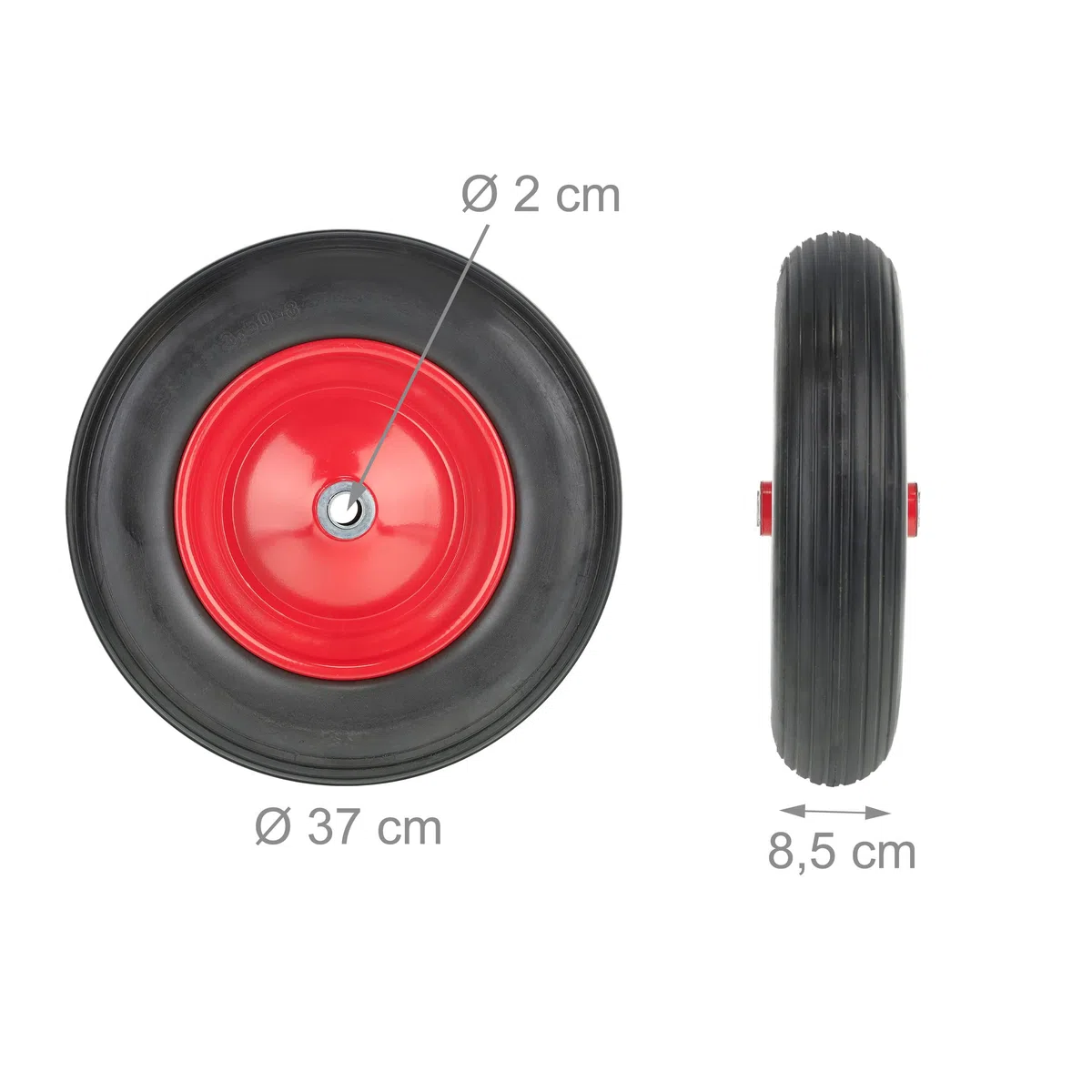 Relaxdays Schubkarrenrad 3.50-8, Vollgummirad mit Stahlfelge, pannensicher, bis 100kg, Ersatzrad Schubkarre, schwarz/rot
