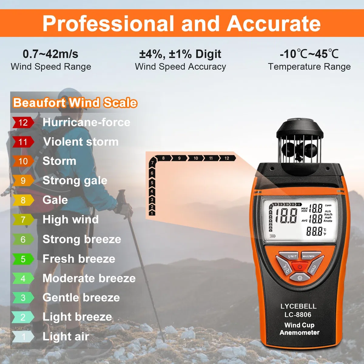 8806 Wind Cup Anemometer – Präzises Windmesser Windmessgerät mit Temperaturmessung für Industrie, Outdoor & HVAC | Windgeschwindigkeit 0,7-42 m/s, Hintergrundbeleuchtung, Stativgewinde