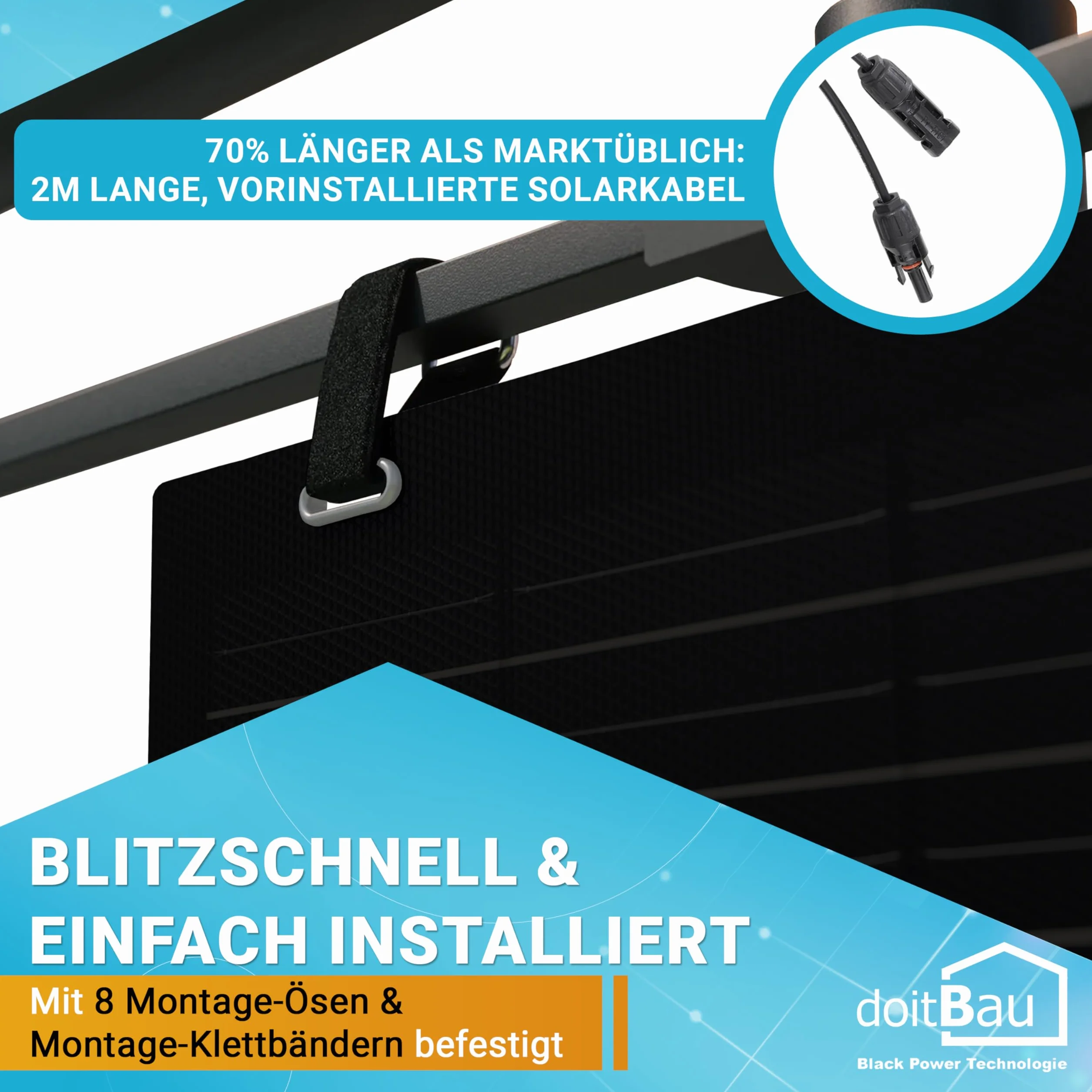 doitBau - Flexibles Solarpanel 200 Watt Full-Black mit Befestigung DB200FLEX I Anschlussbox vorne I Solarmodule für Balkonkraftwerk, Camping, Boot I Mit 19,5% Wirkungsgrad I Solarmodul begehbar