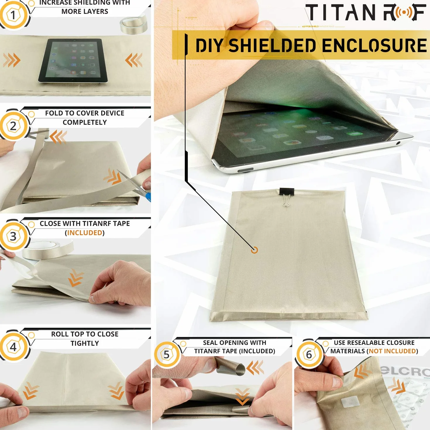 TitanRF Faraday Fabric Kit enthält leitfähiges Gewebe in Militärqualität (111,76 cm x 91,44 cm) und Klebeband (111,76 cm x 2,54 cm). Schützt HF-Signale WiFi-Zelle Bluetooth RFID EMF-Strahlung.