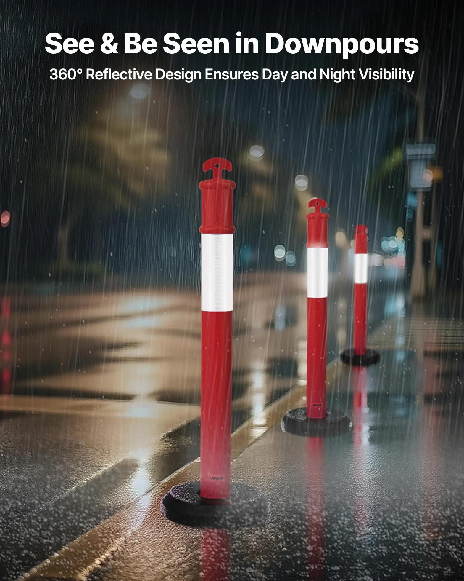 VEVOR Verkehrsleitpfosten Leitpfosten 6 Stk. (114 cm) mit befüllbarem Sockel & Reflektorstreifen, Warnpfosten für Baustellen, Parkplätze, Absperrpfosten zur Steuerung von Menschenmengen, rot