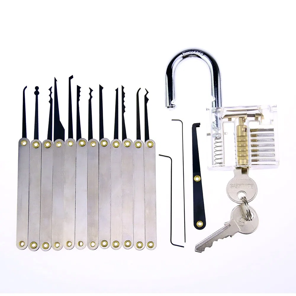 2 transparente Schlösser mit 15 Dietrich-Haken, 1 LockPick Pistole zum Öffnen, Schlosser, Anfänger, Dietrich-Trainingsset (silberfarben)