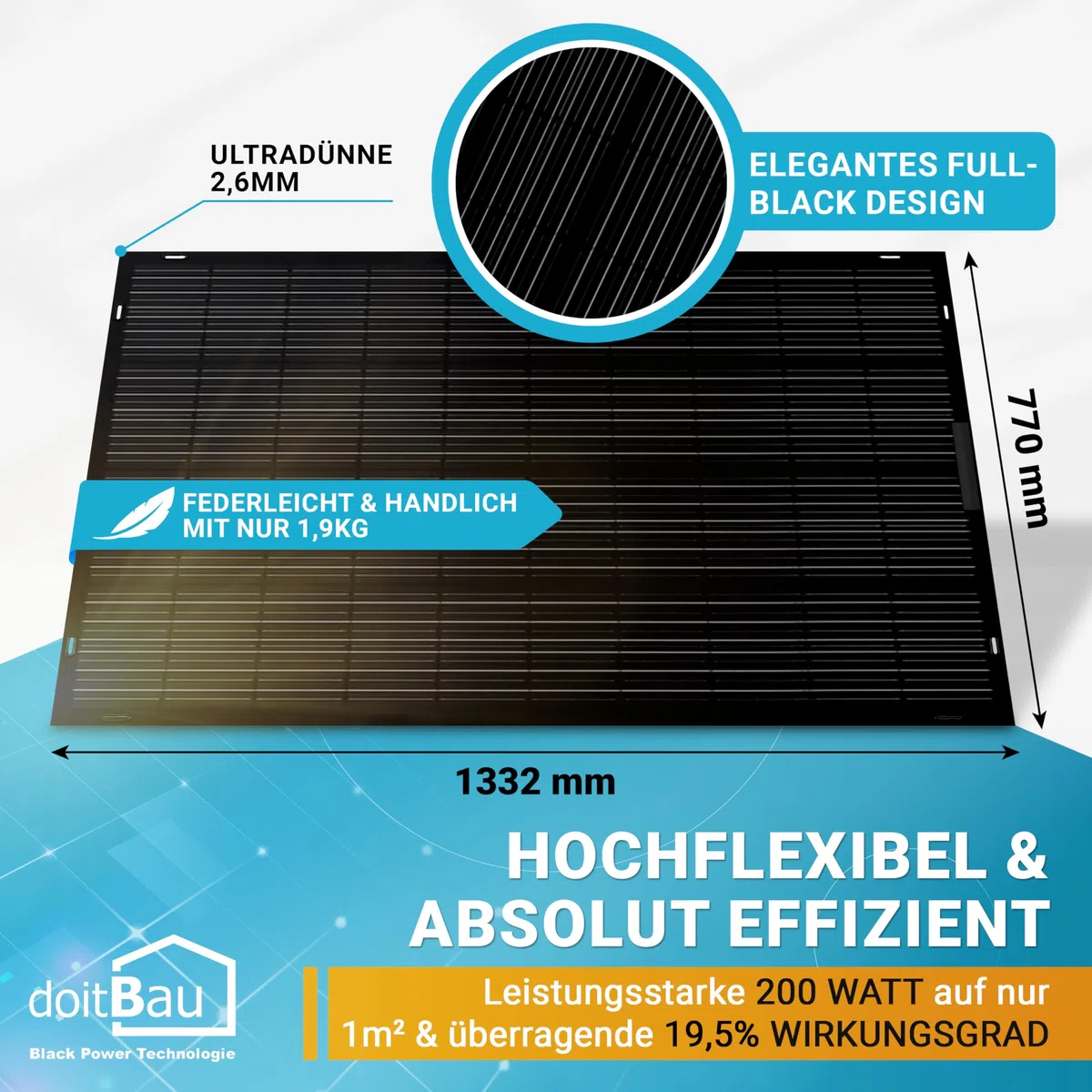 doitBau - Flexibles Solarpanel 200 Watt Full-Black mit Befestigung DB200FLEX I Anschlussbox vorne I Solarmodule für Balkonkraftwerk, Camping, Boot I Mit 19,5% Wirkungsgrad I Solarmodul begehbar