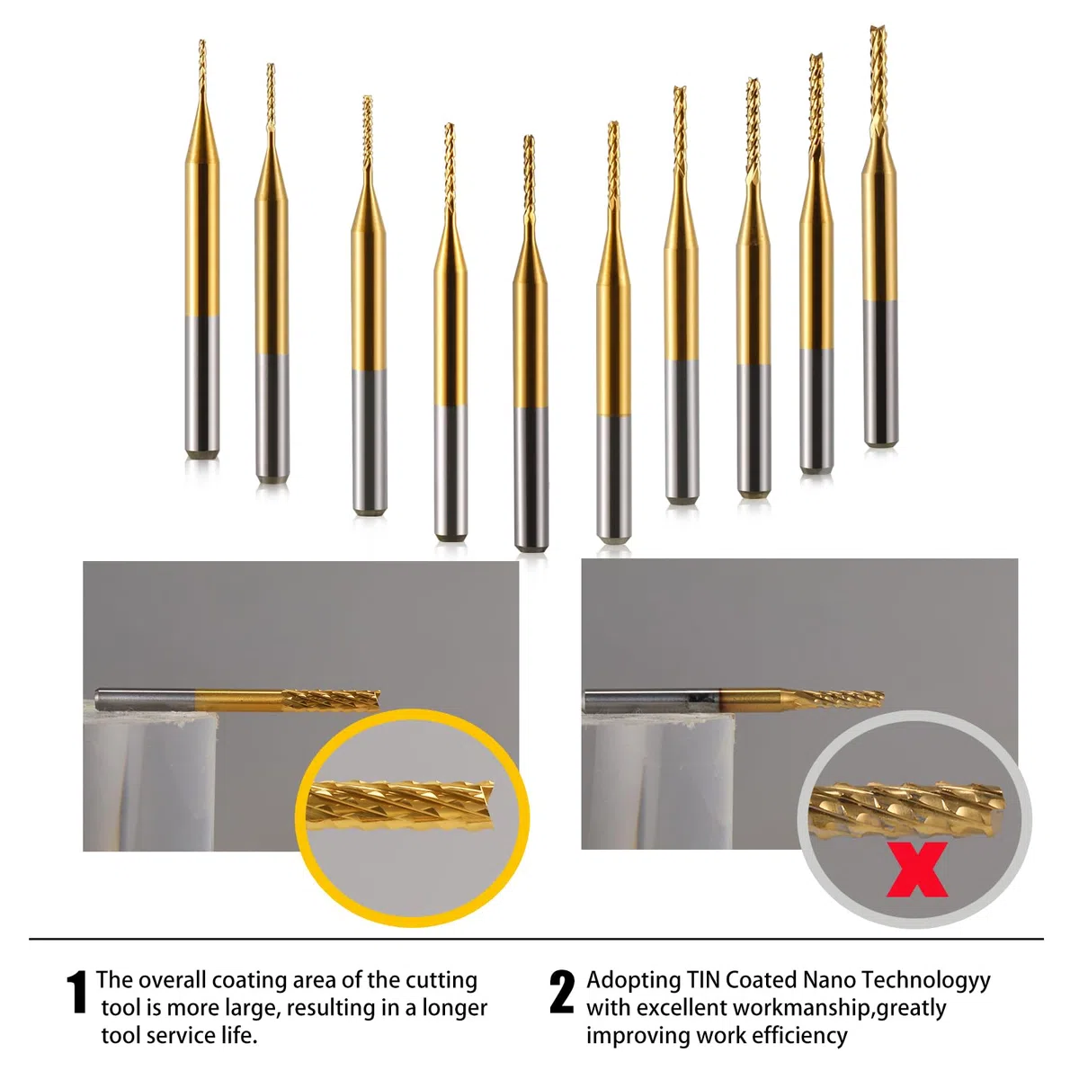 10 Stücke Hartmetall Schaftfräser, 1/8 Schaft Titan Coat CNC Fräser Stückchen Fräser Schnitzsatz, Stirnfräser Drehgrat Werkzeug Gravur Bits für PCB/SMT/Hartholz/Leiterplatte/Faser, 0,6-1,5mm