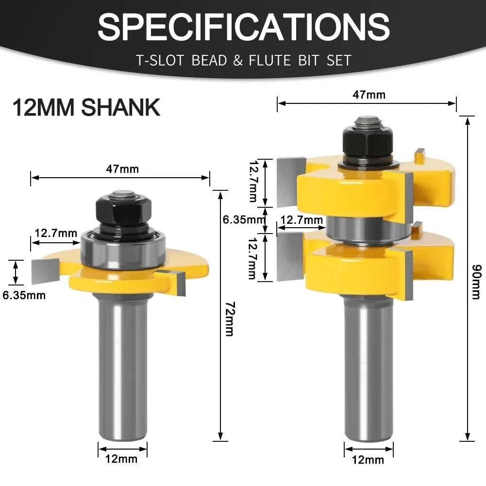 PFRANK 2pc 1/2" Schaft 12mm Schaft Nut & Feder Fräser Set - Großer VorratHolzbearbeitungsschneider Zapfenschneider for die Holzbearbeitung (Size : 12mm Shank)